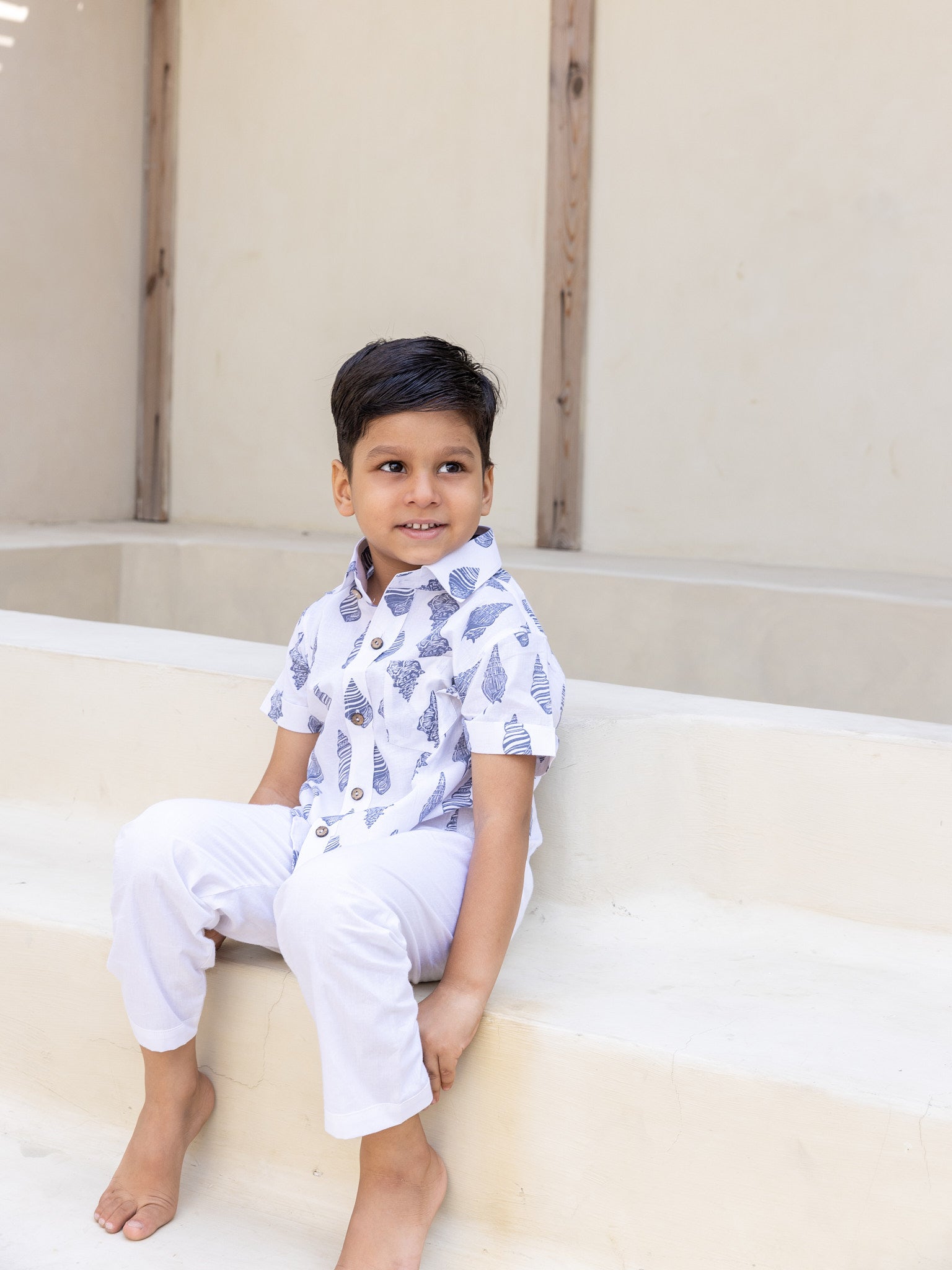 Cotton Grey-White Conch Boy Ethnic Shirt