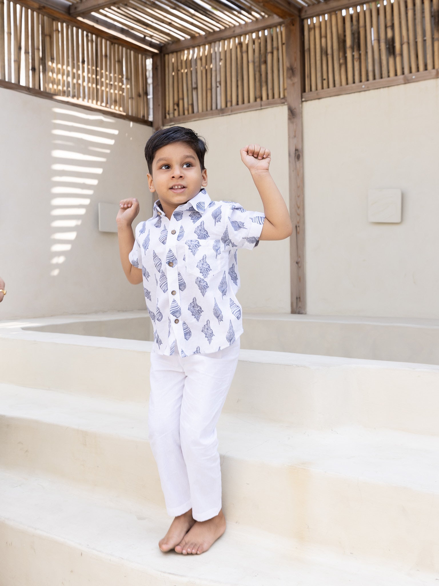 Cotton Grey-White Conch Boy Ethnic Shirt