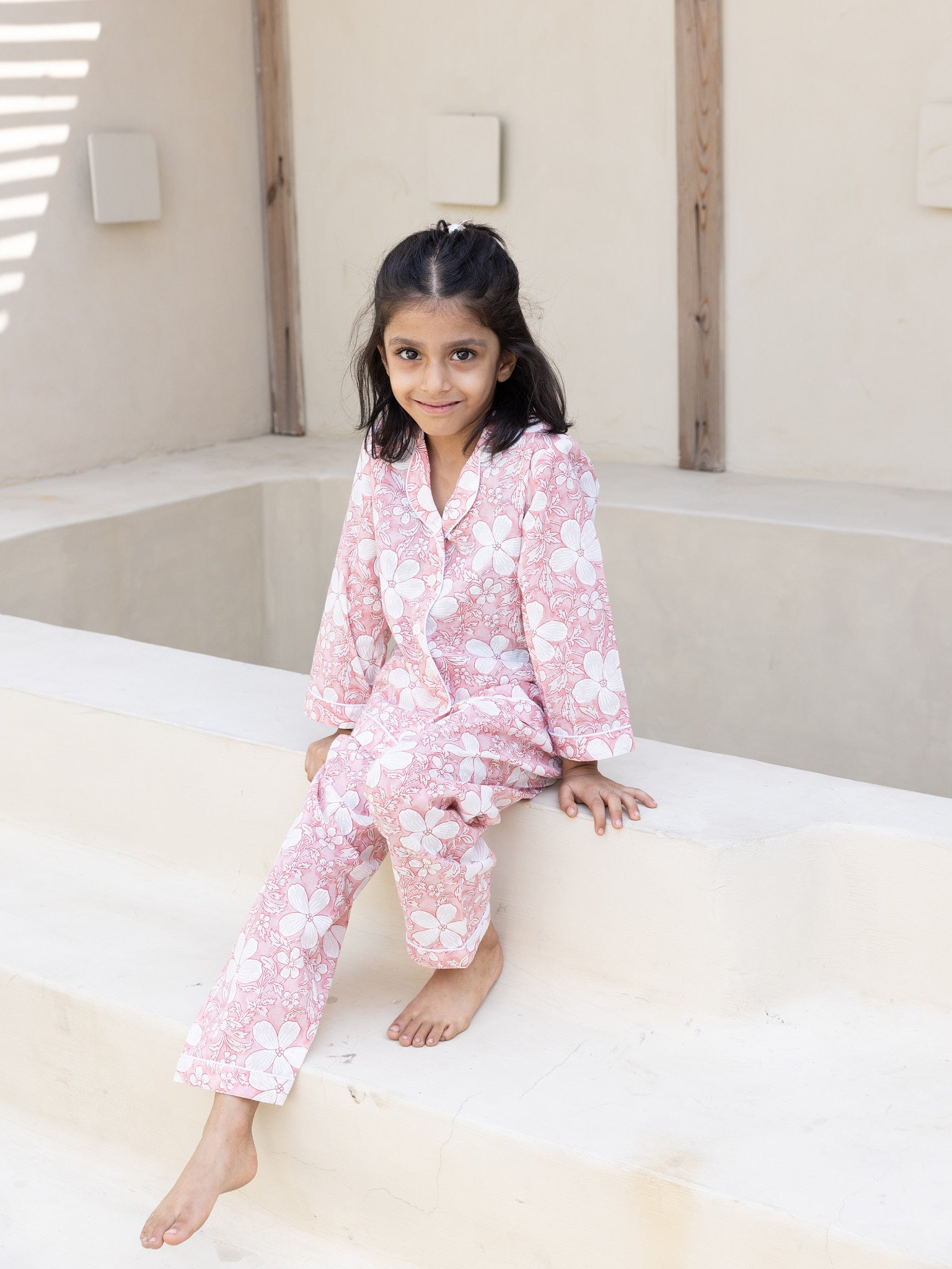 Cotton Pink-White Floral Girl's Co-ord Set