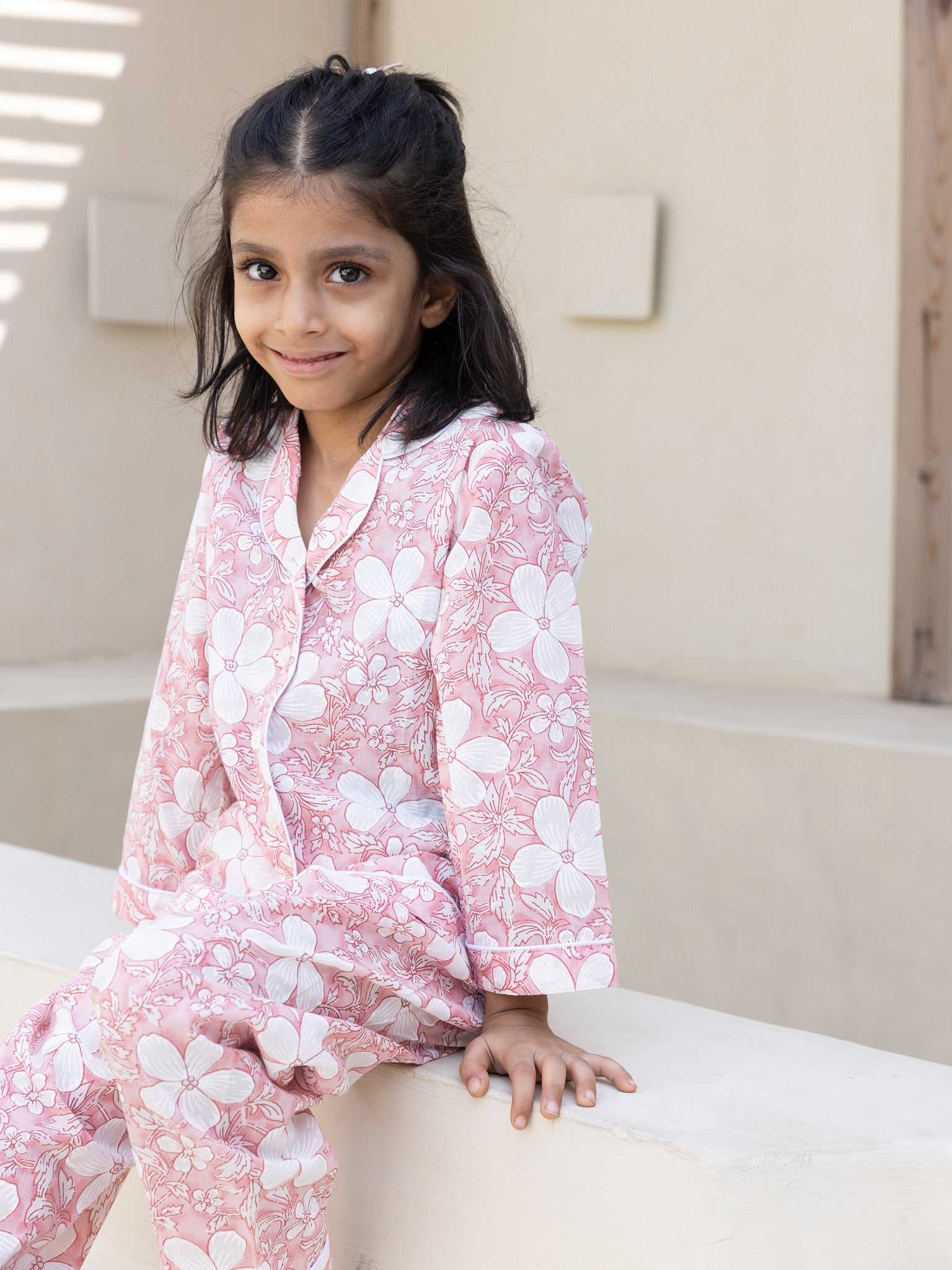 Cotton Pink-White Floral Girl's Co-ord Set