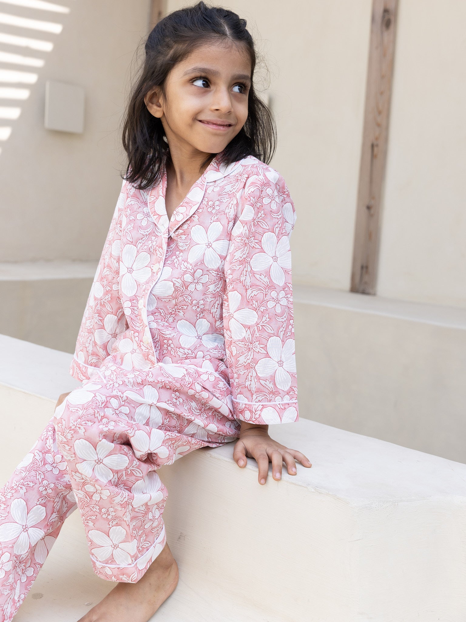 Cotton Pink-White Floral Girl's Co-ord Set