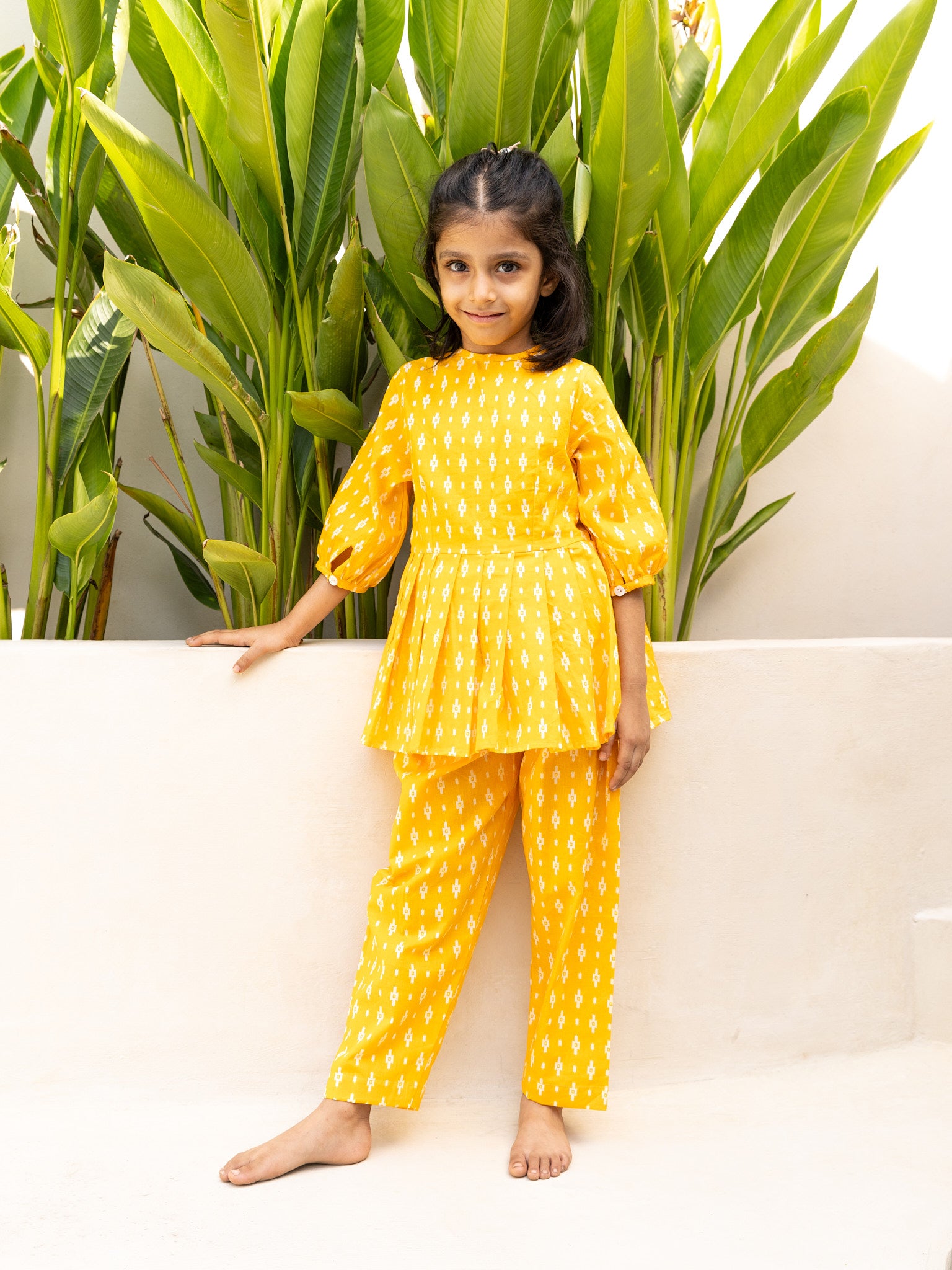 Cotton Yellow-White Geometric Girl's Ethnic Dress