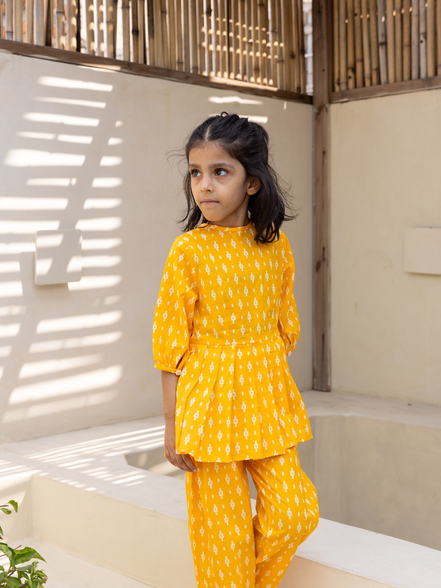 Cotton Yellow-White Geometric Girl's Ethnic Dress