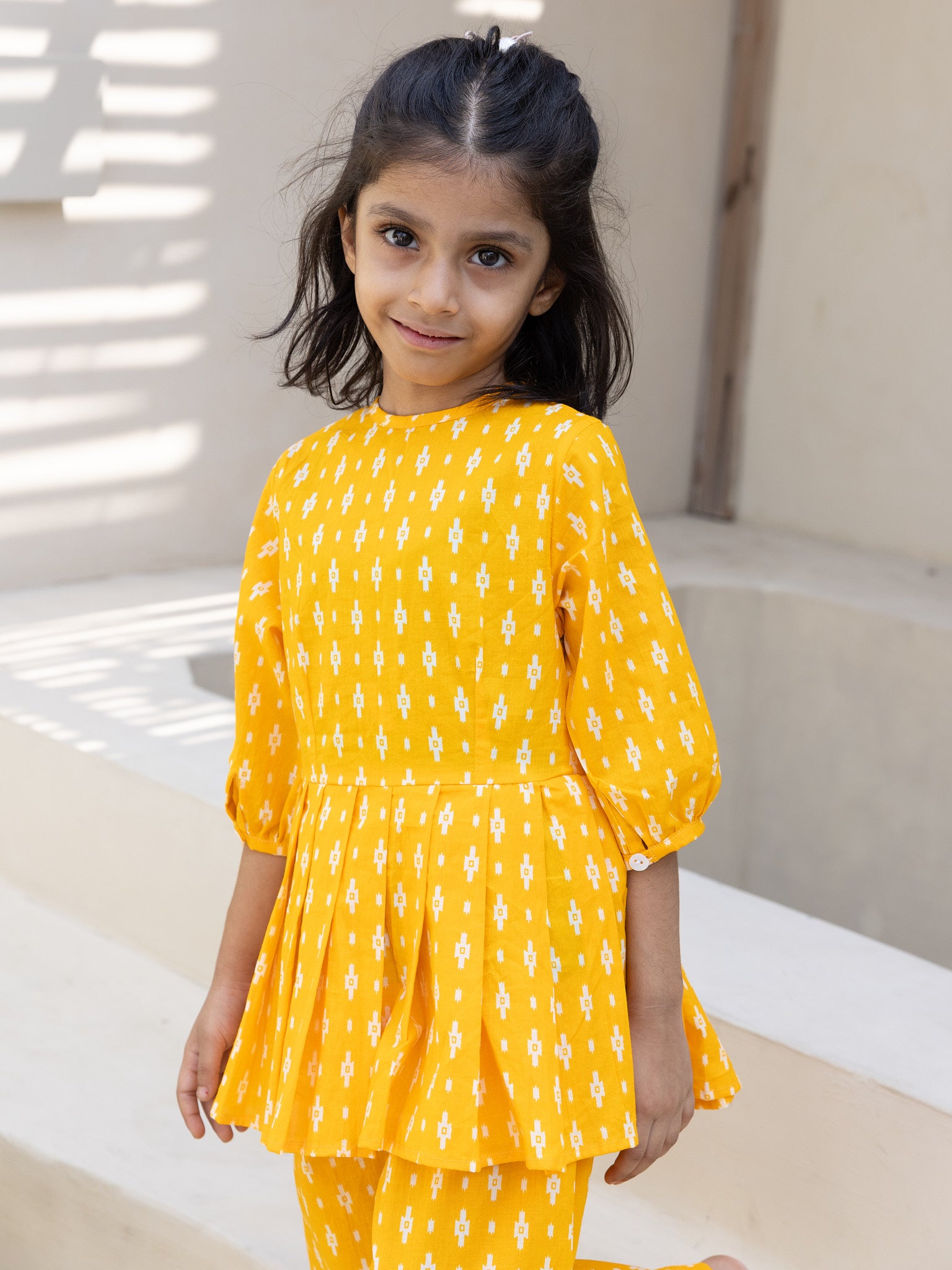 Cotton Yellow-White Geometric Girl's Ethnic Dress