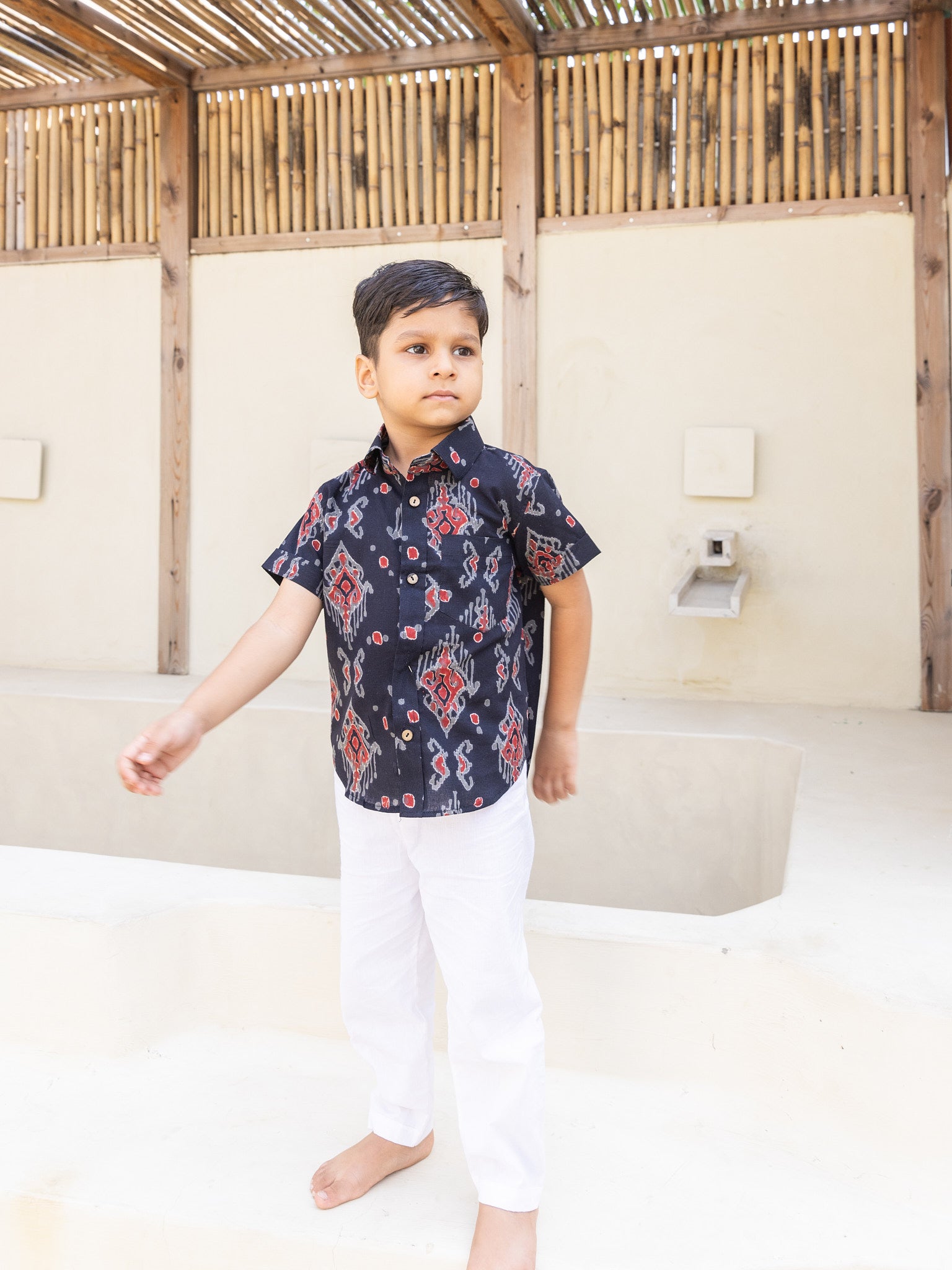 Cotton Black-Grey Block Geometric Boy Ethnic Shirt