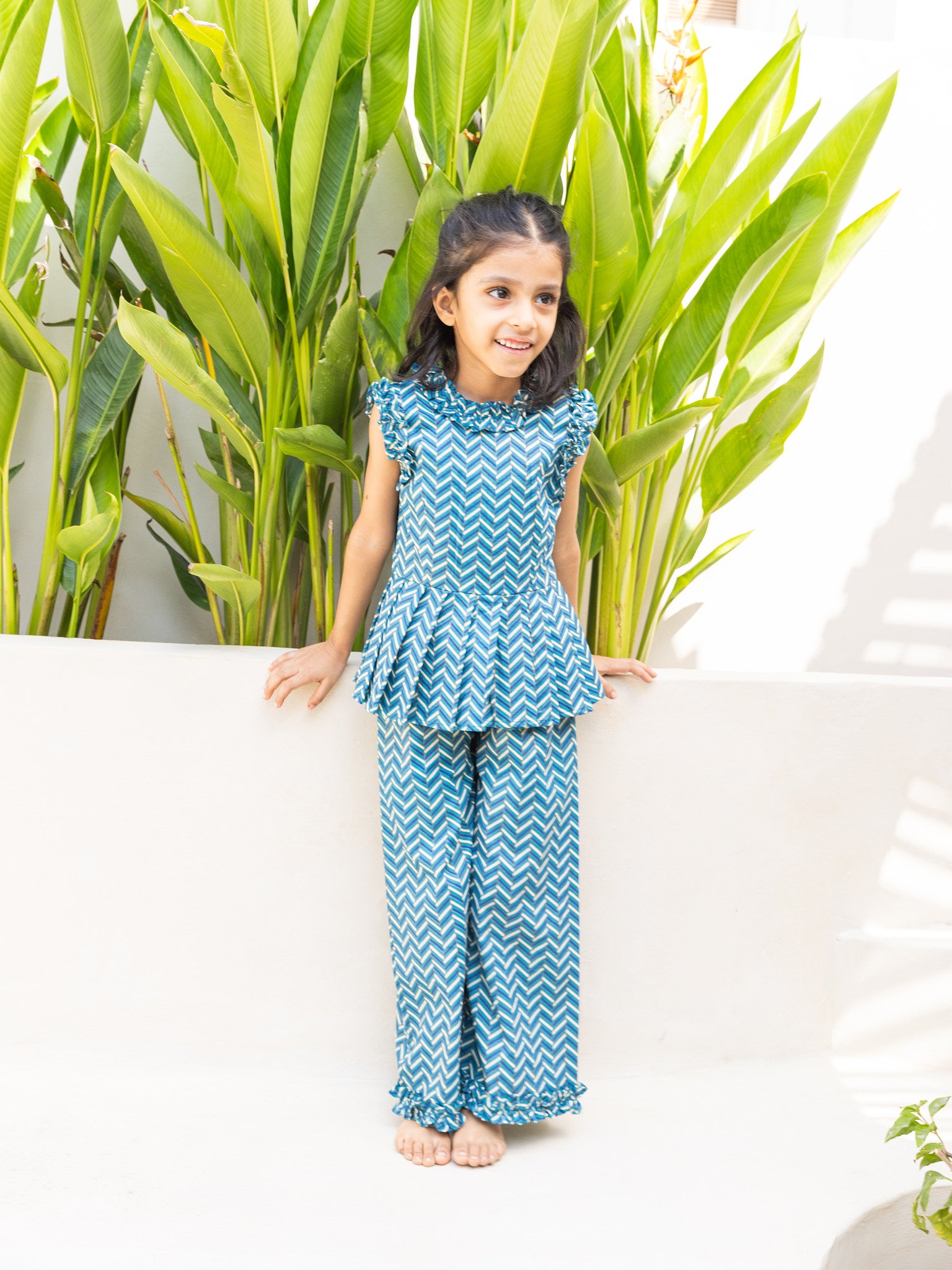 Cotton Blue-White Waving Girl's Ethnic Dress