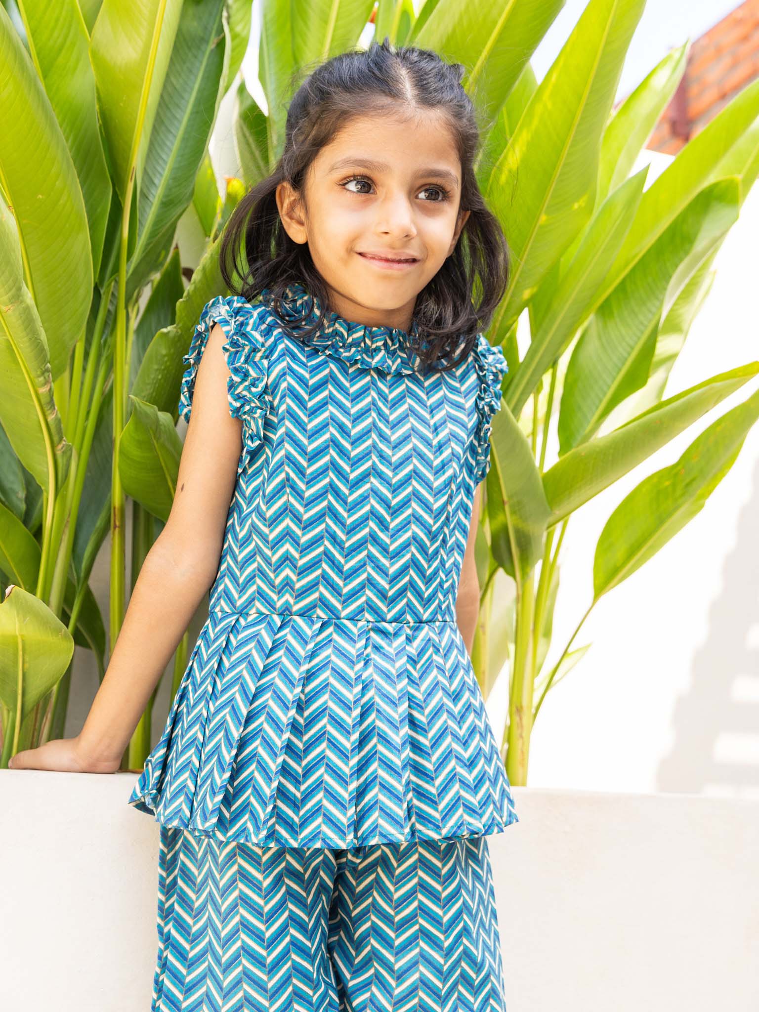 Cotton Blue-White Waving Girl's Ethnic Dress