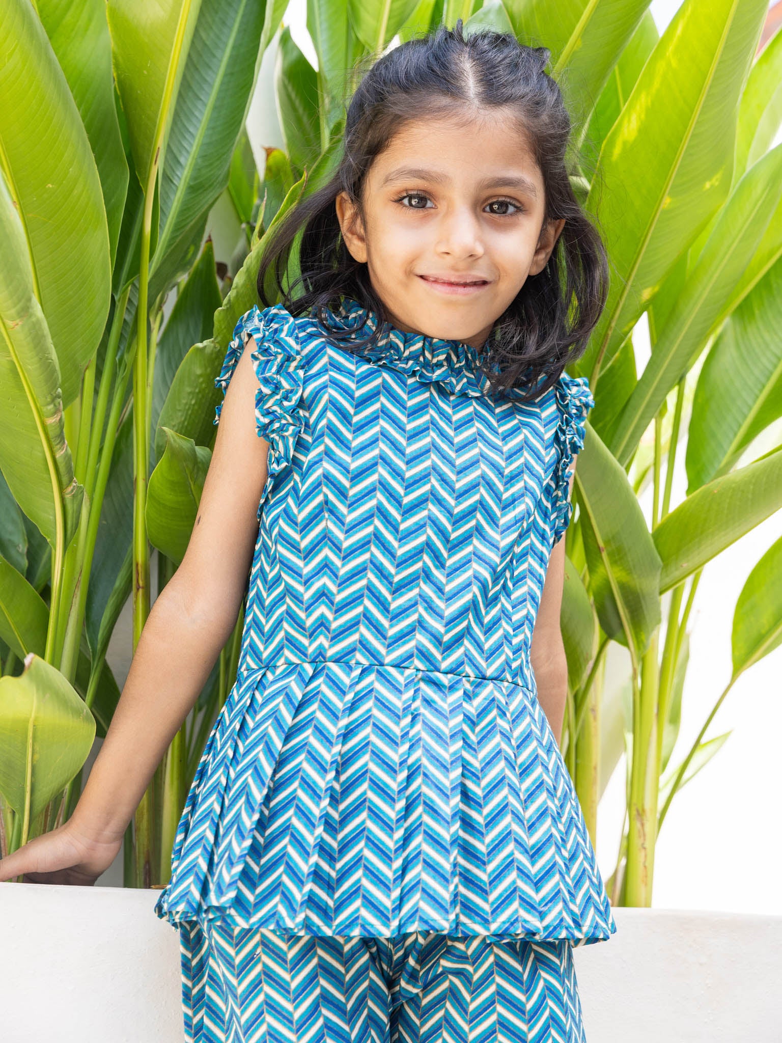 Cotton Blue-White Waving Girl's Ethnic Dress