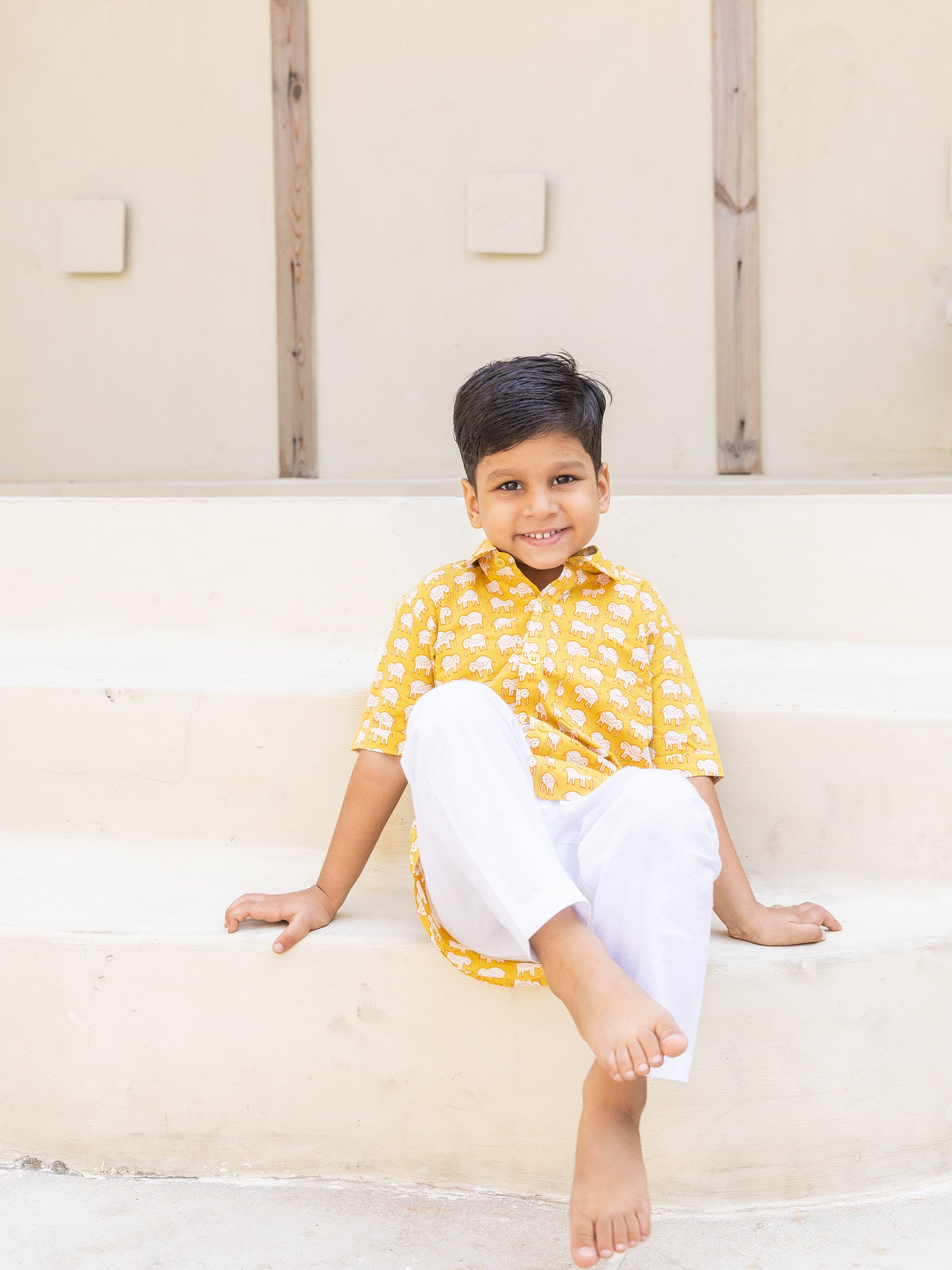 Cotton Mustard-White Elephant Boy's Shirt