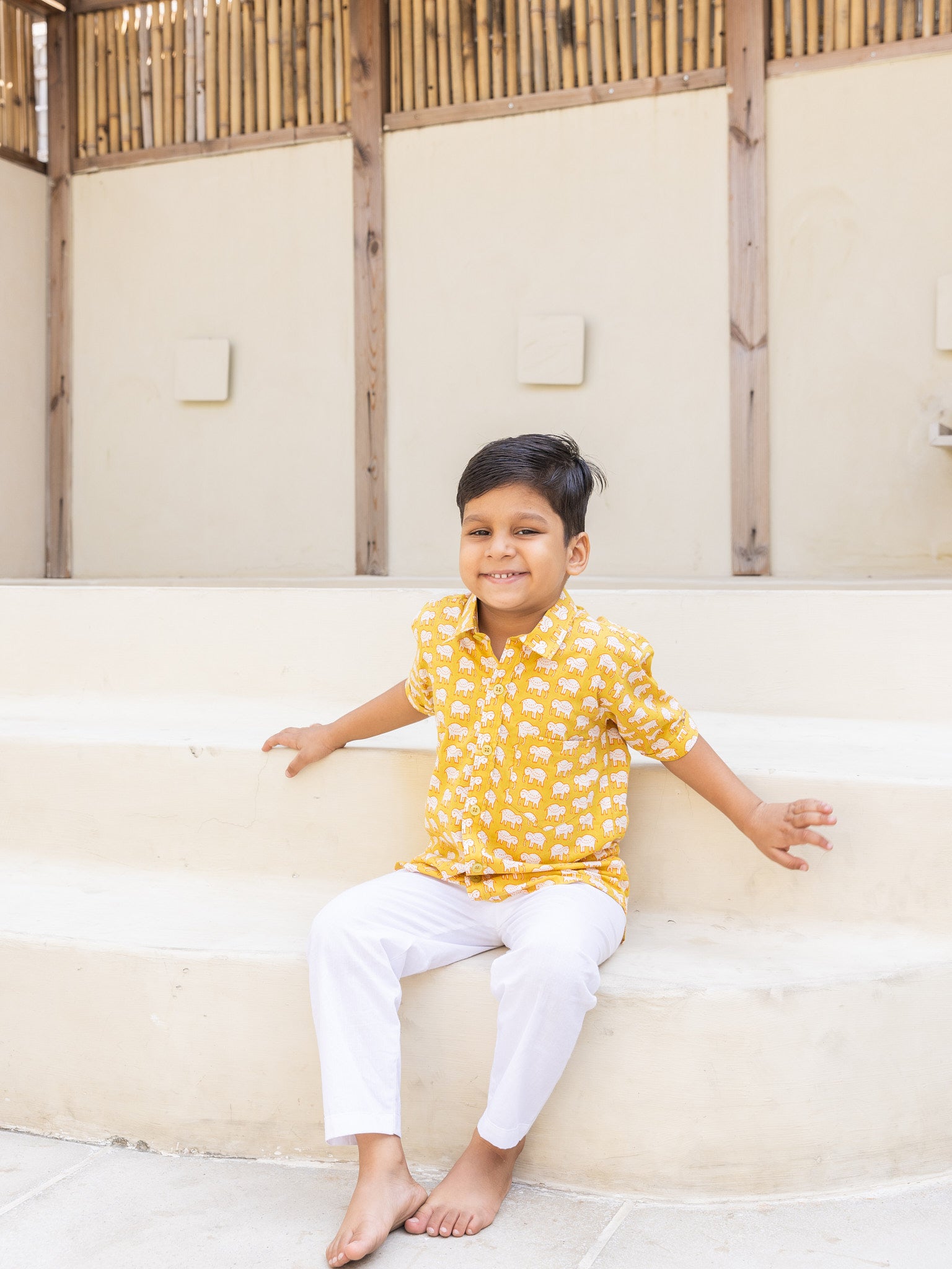 Cotton Mustard-White Elephant Boy's Shirt