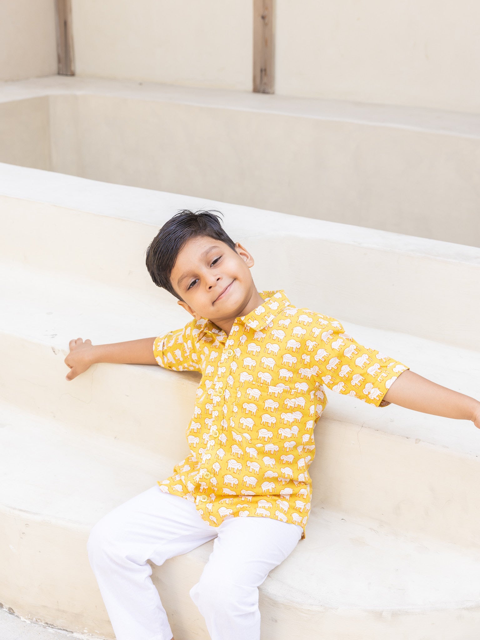 Cotton Mustard-White Elephant Boy's Shirt