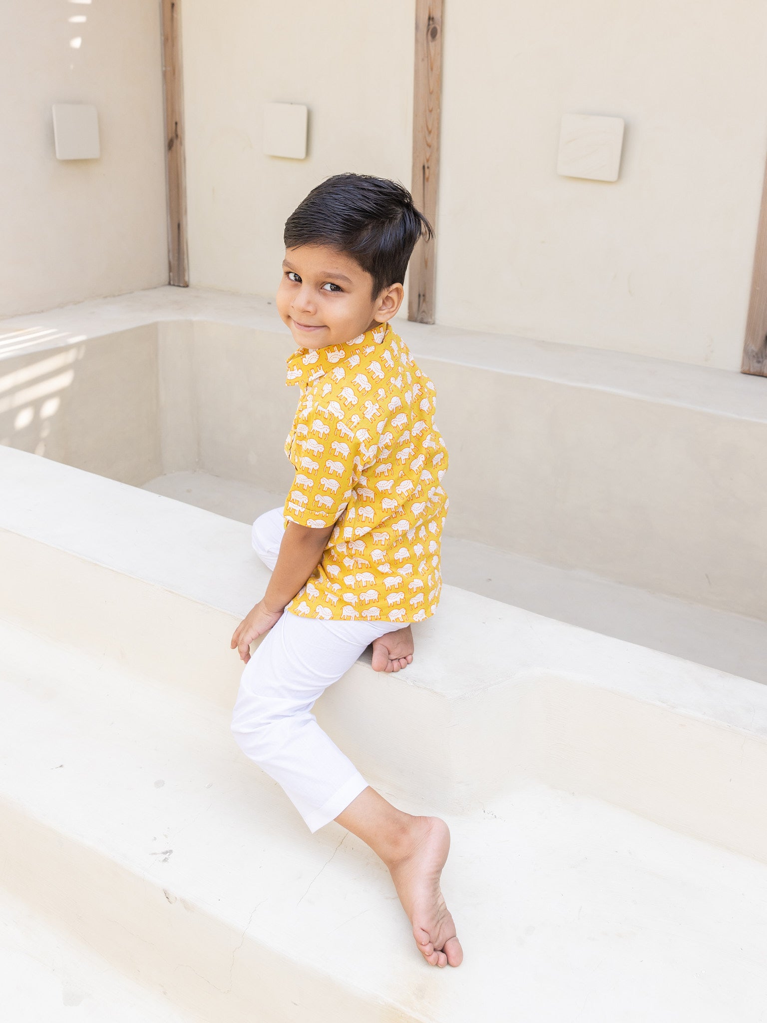 Cotton Mustard-White Elephant Boy's Shirt