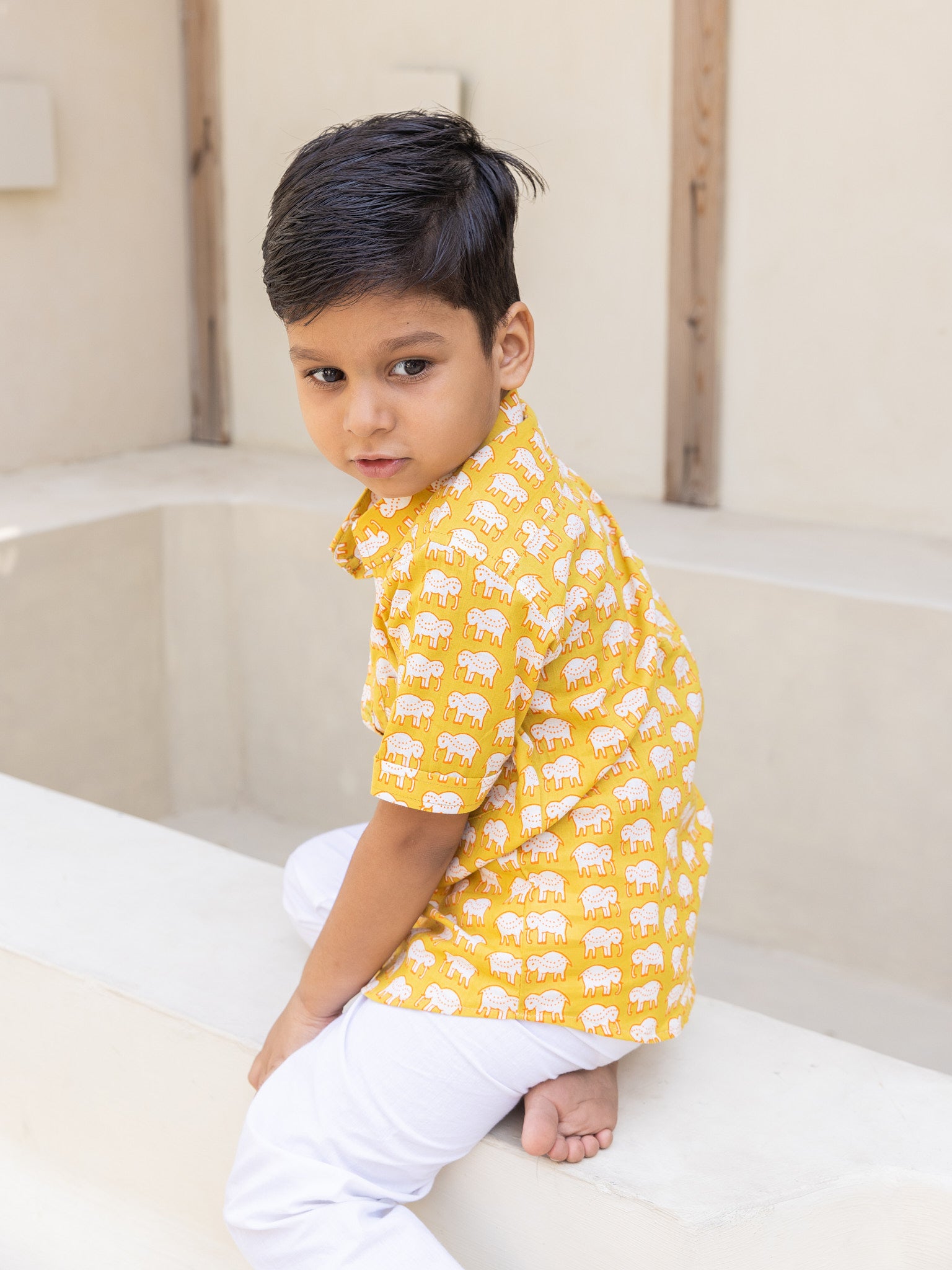Cotton Mustard-White Elephant Boy's Shirt