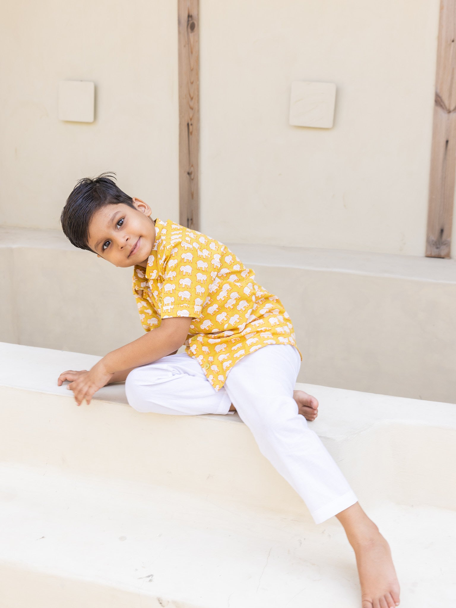 Cotton Mustard-White Elephant Boy's Shirt