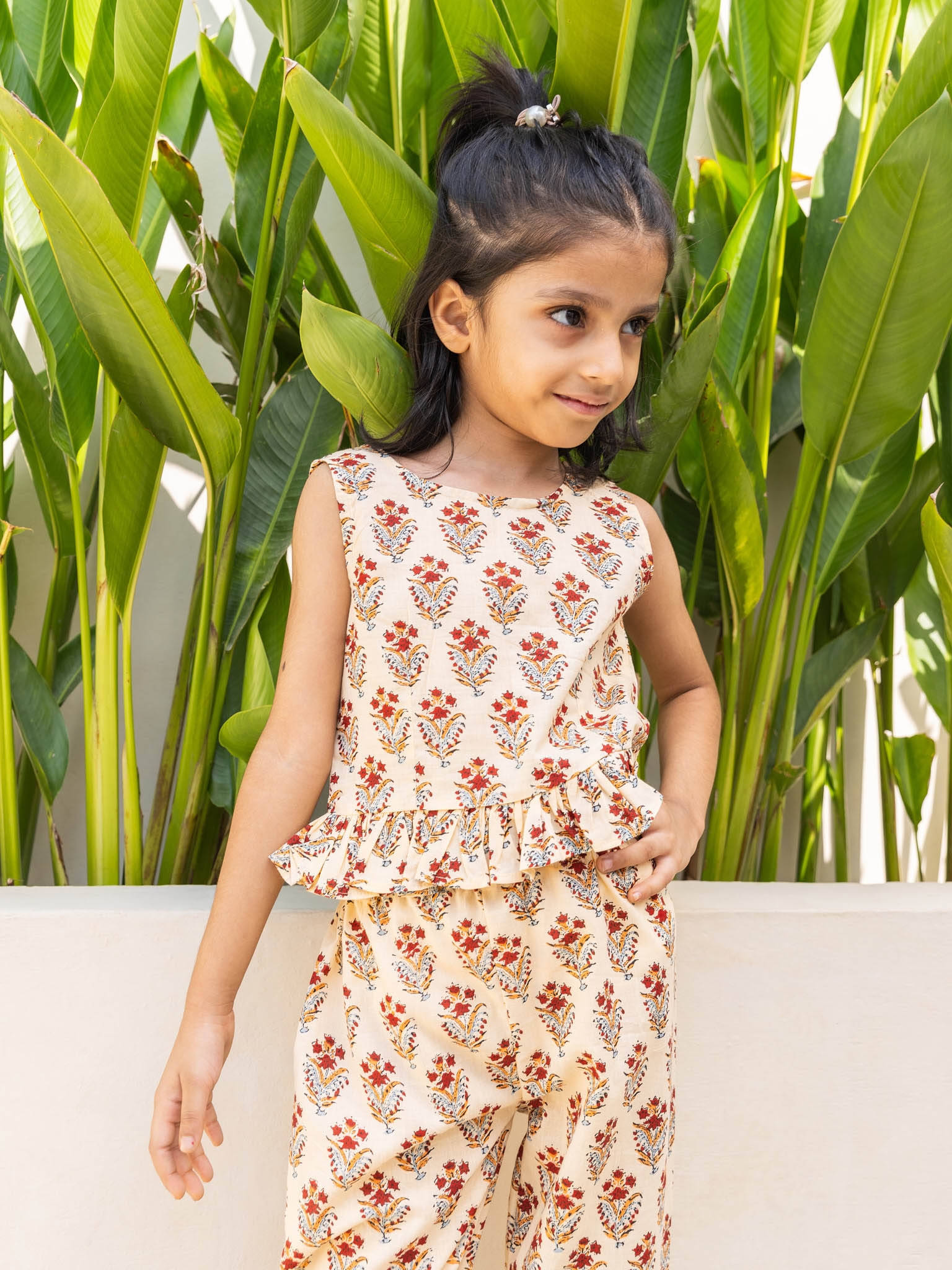 Cotton Cream-Red Floral Girl's Ethnic Dress
