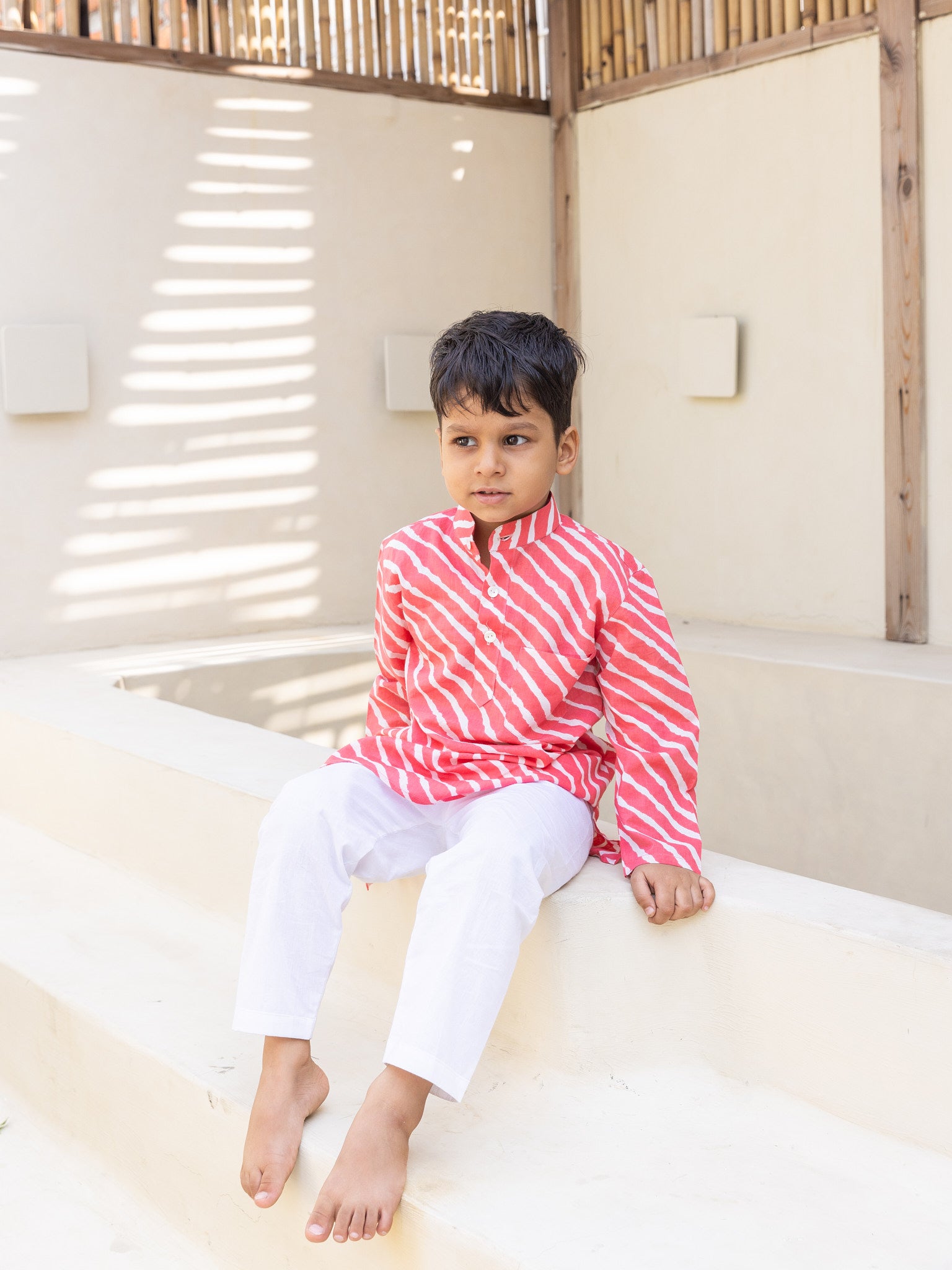 Cotton Peach Laharia Boy Kurta Pant