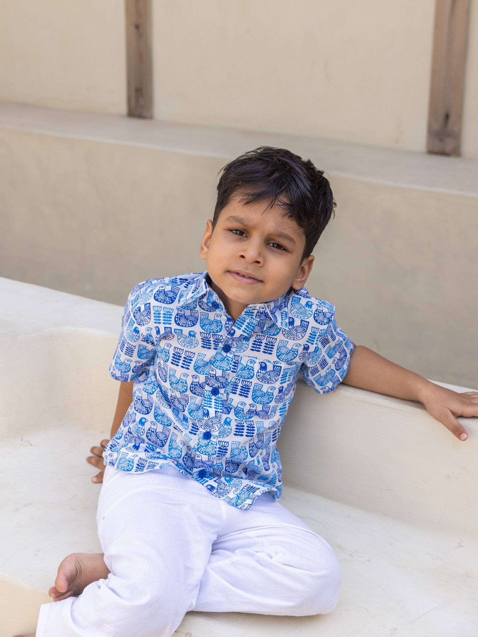Cotton Blue Pigeons Boys Shirt