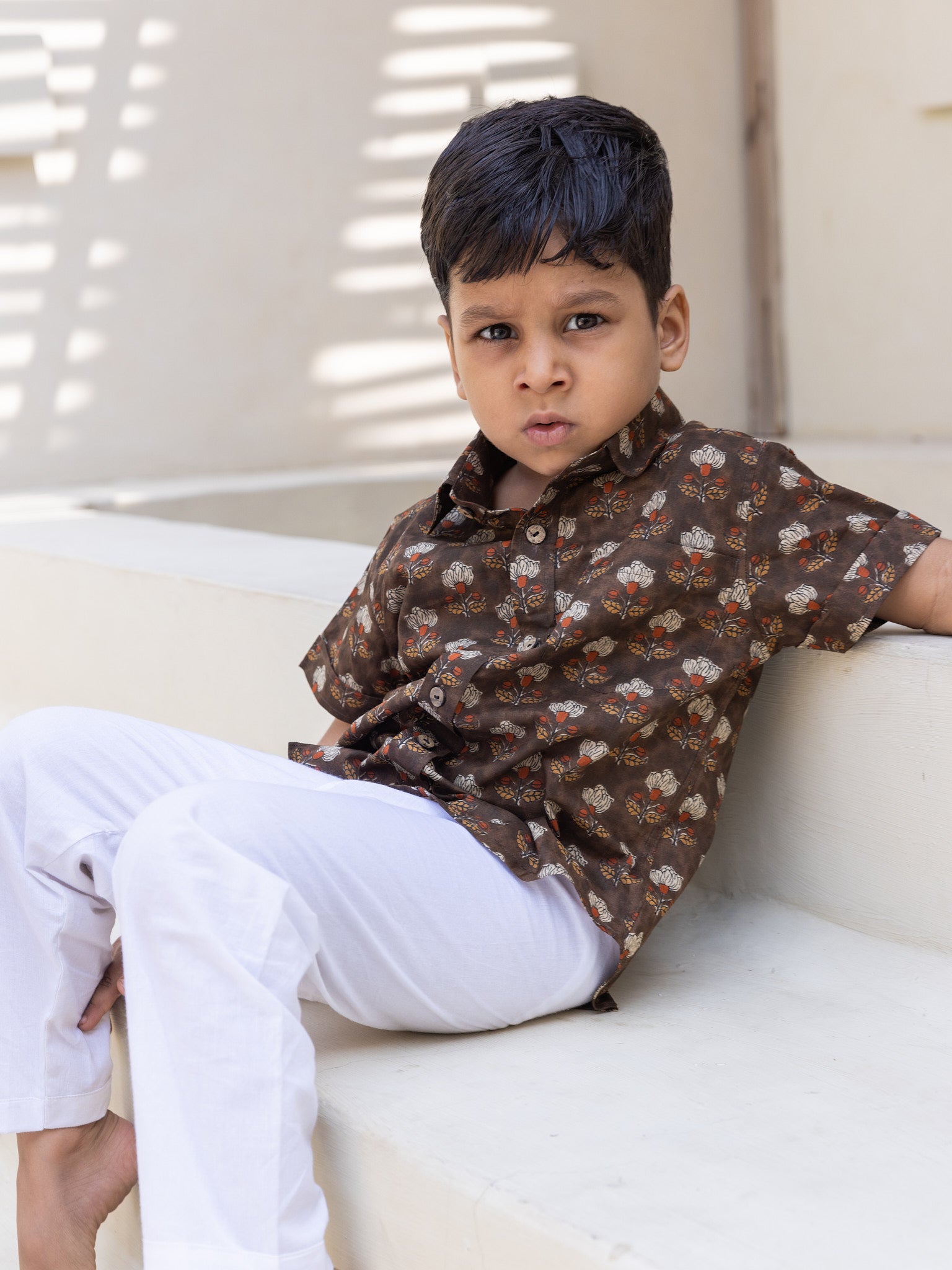 Cotton Brown Block Print Boy's Ethnic Shirt