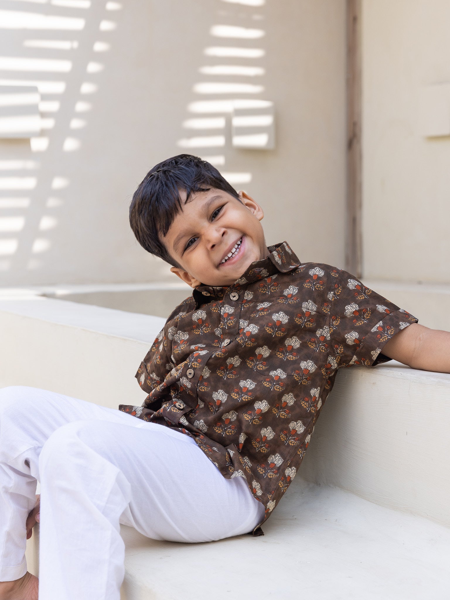 Cotton Brown Block Print Boy's Ethnic Shirt