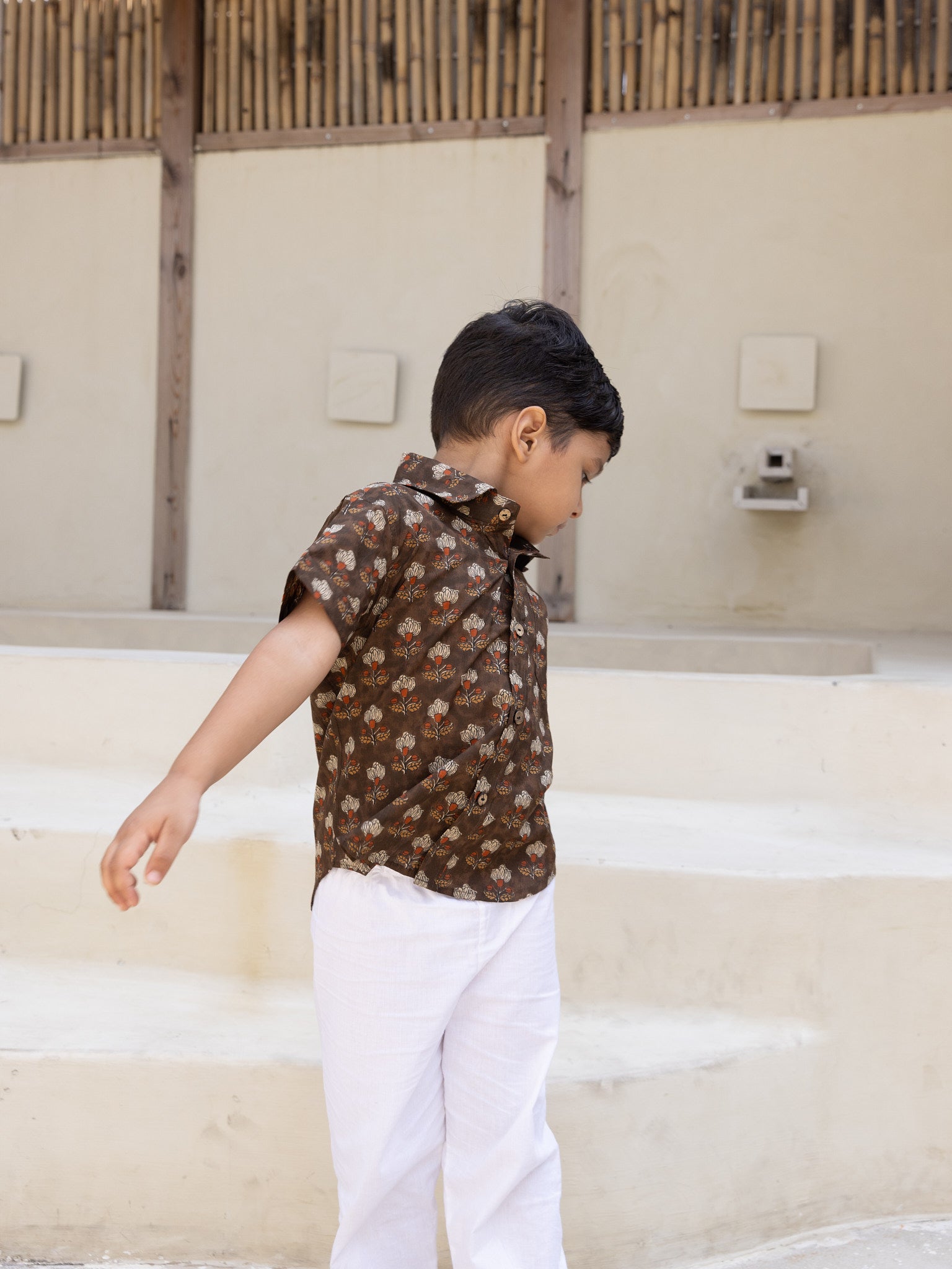Cotton Brown Block Print Boy's Ethnic Shirt