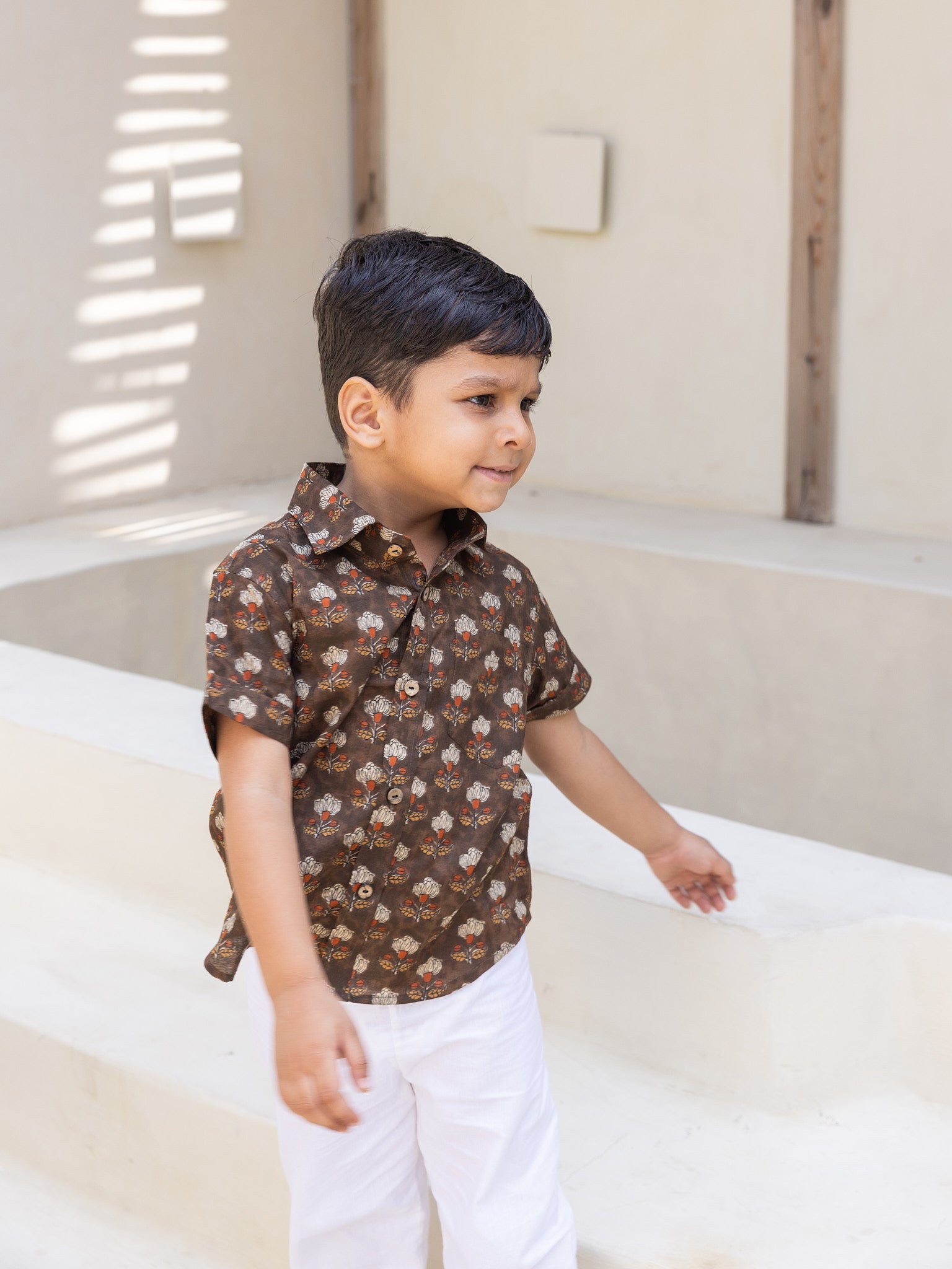 Cotton Brown Block Print Boy's Ethnic Shirt