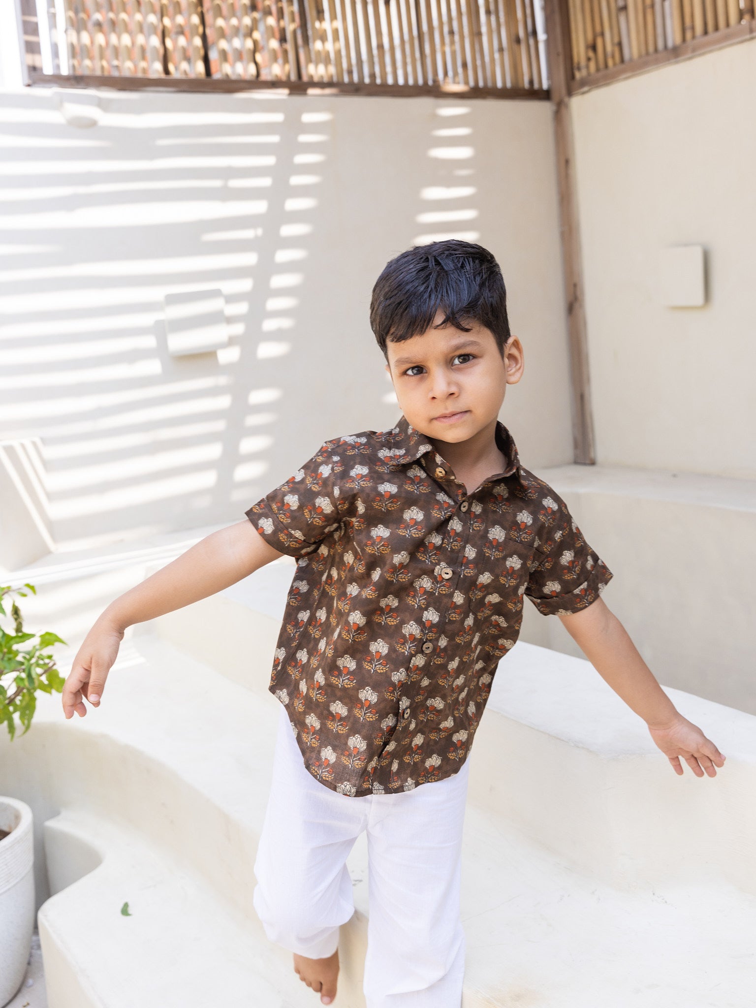 Cotton Brown Block Print Boy's Ethnic Shirt