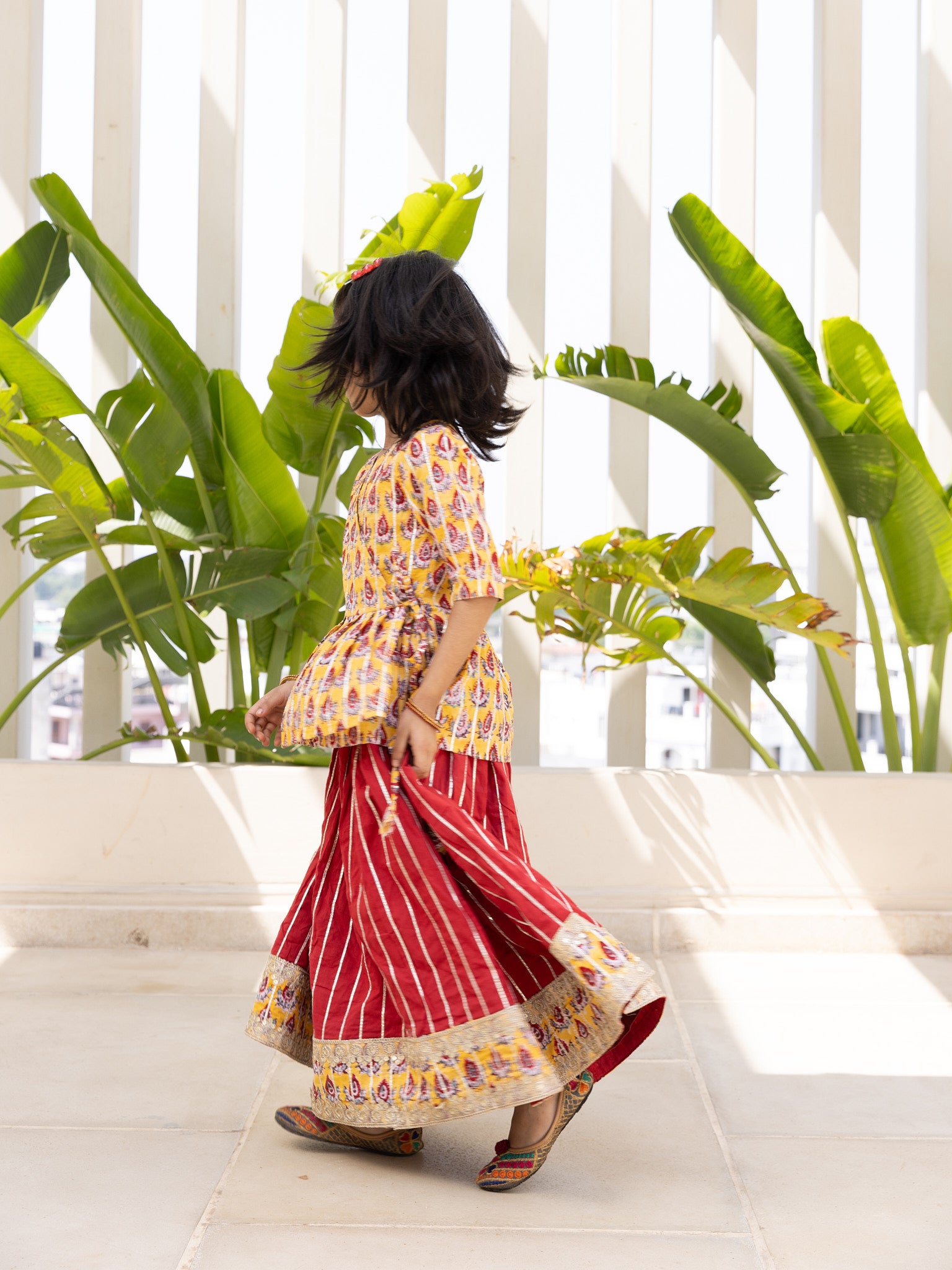 Cotton Mustard-Red Floral Girl's Lahnga Choli Block Print