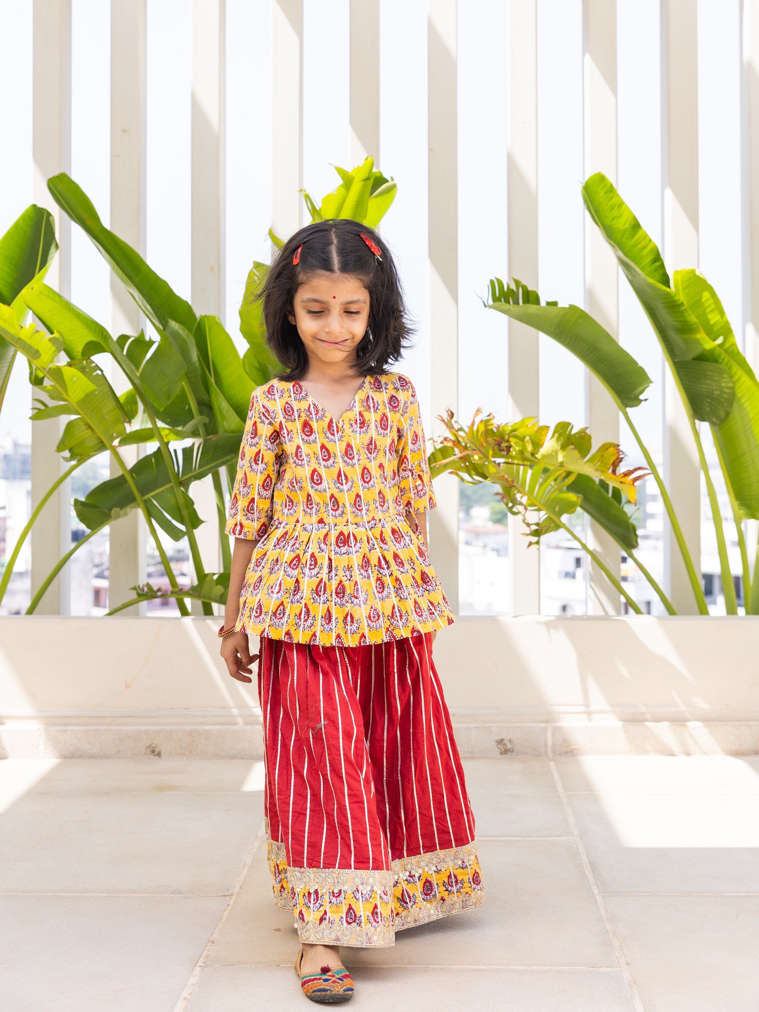 Cotton Mustard-Red Floral Girl's Lahnga Choli Block Print