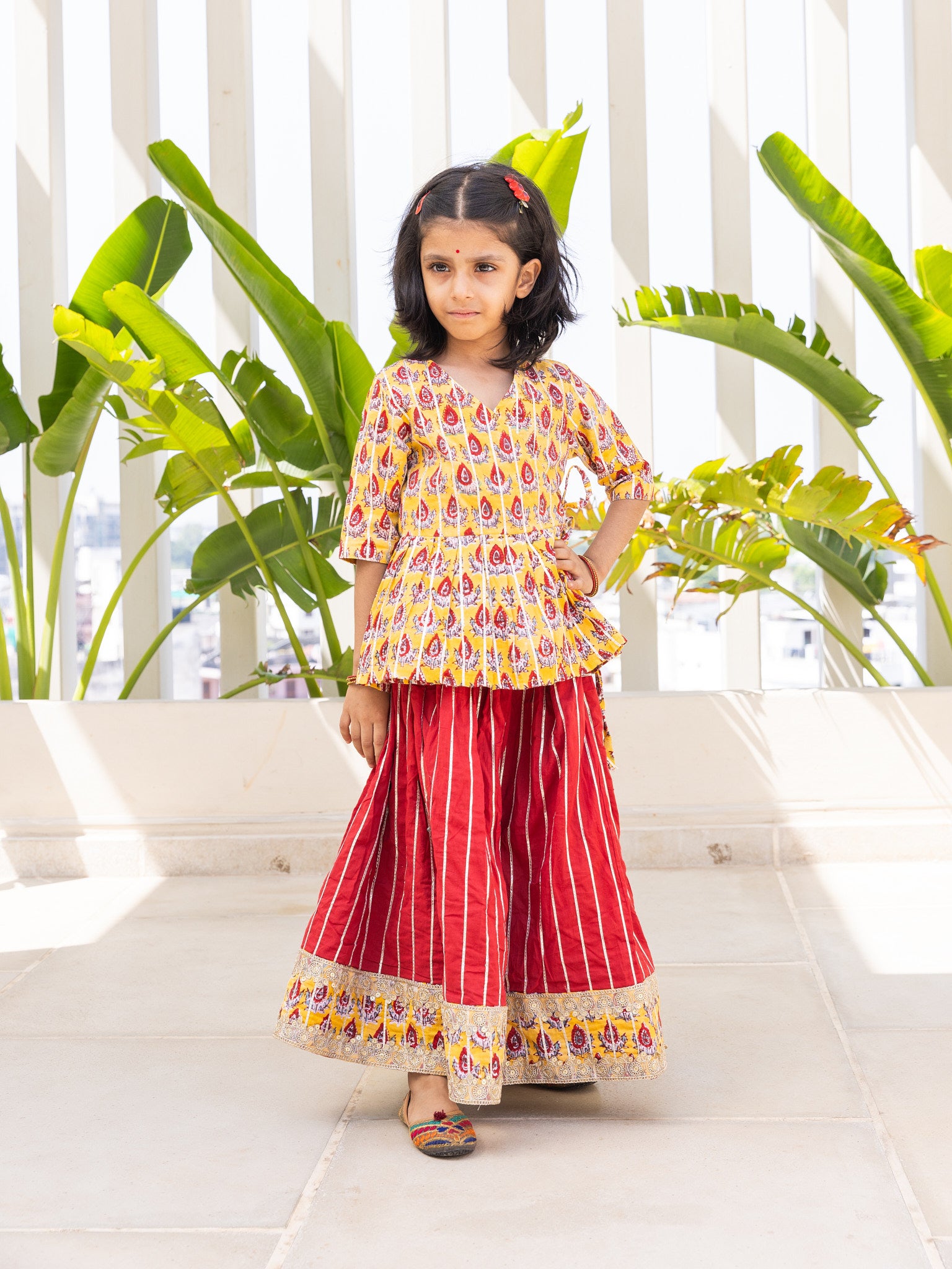 Cotton Mustard-Red Floral Girl's Lahnga Choli Block Print