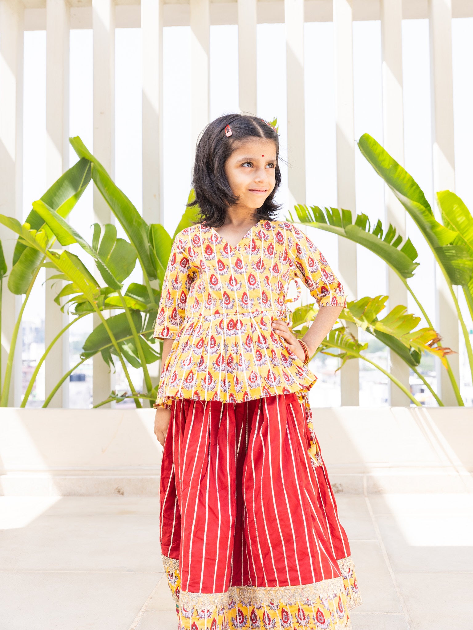 Cotton Mustard-Red Floral Girl's Lahnga Choli Block Print