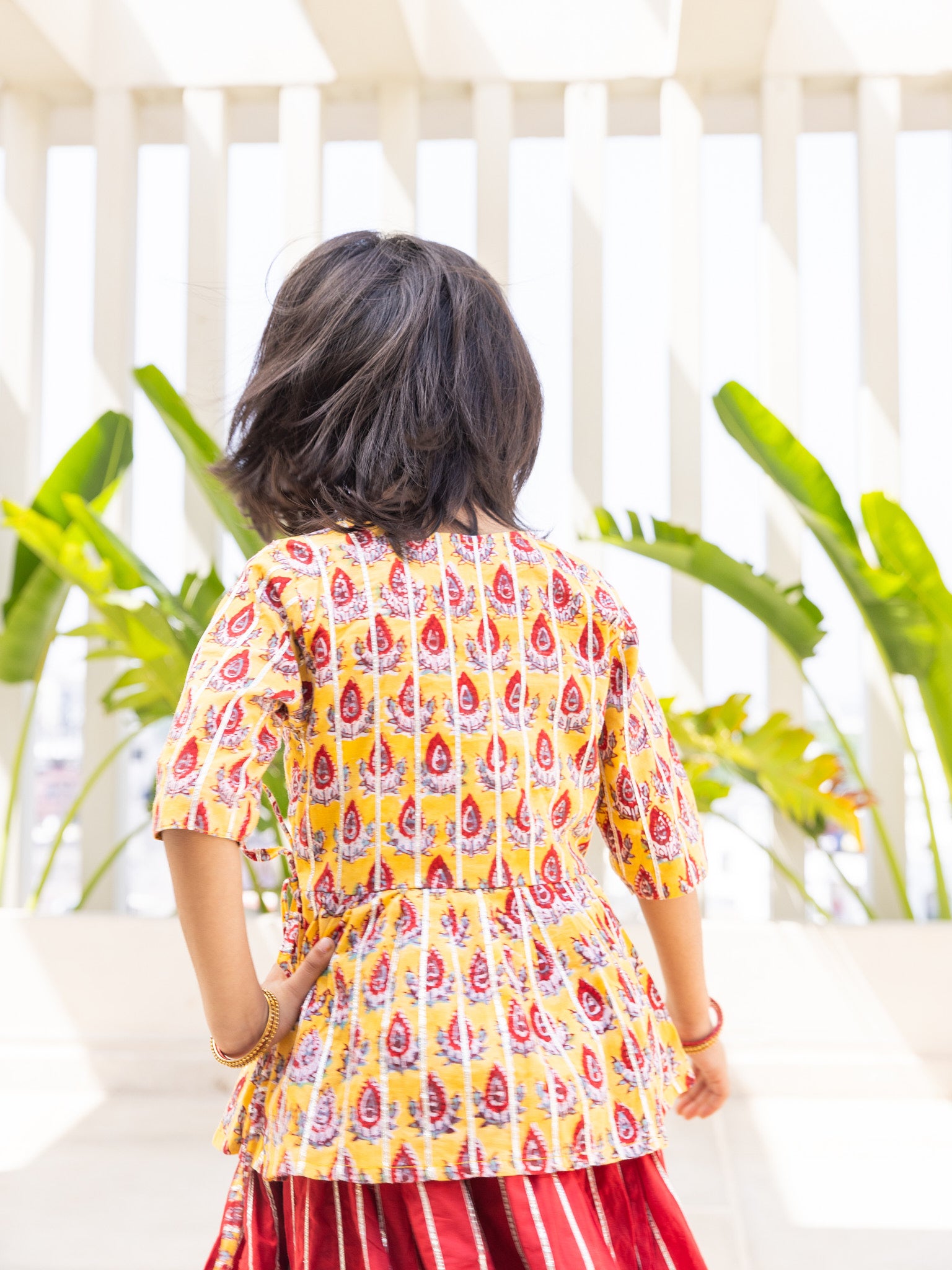 Cotton Mustard-Red Floral Girl's Lahnga Choli Block Print