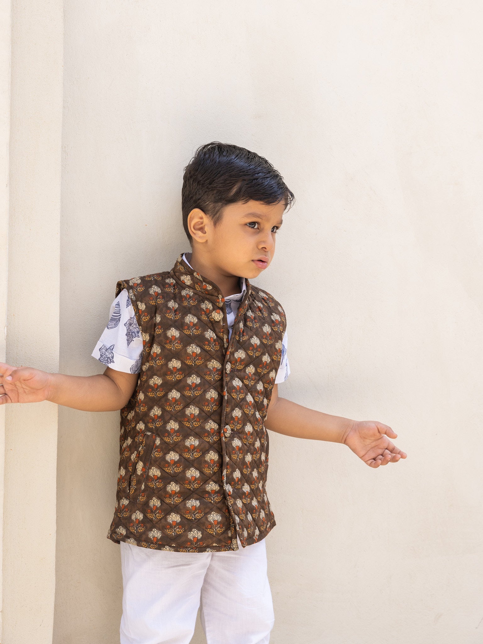 Cotton Kids Quilted Brown Floral Sleevless Jacket