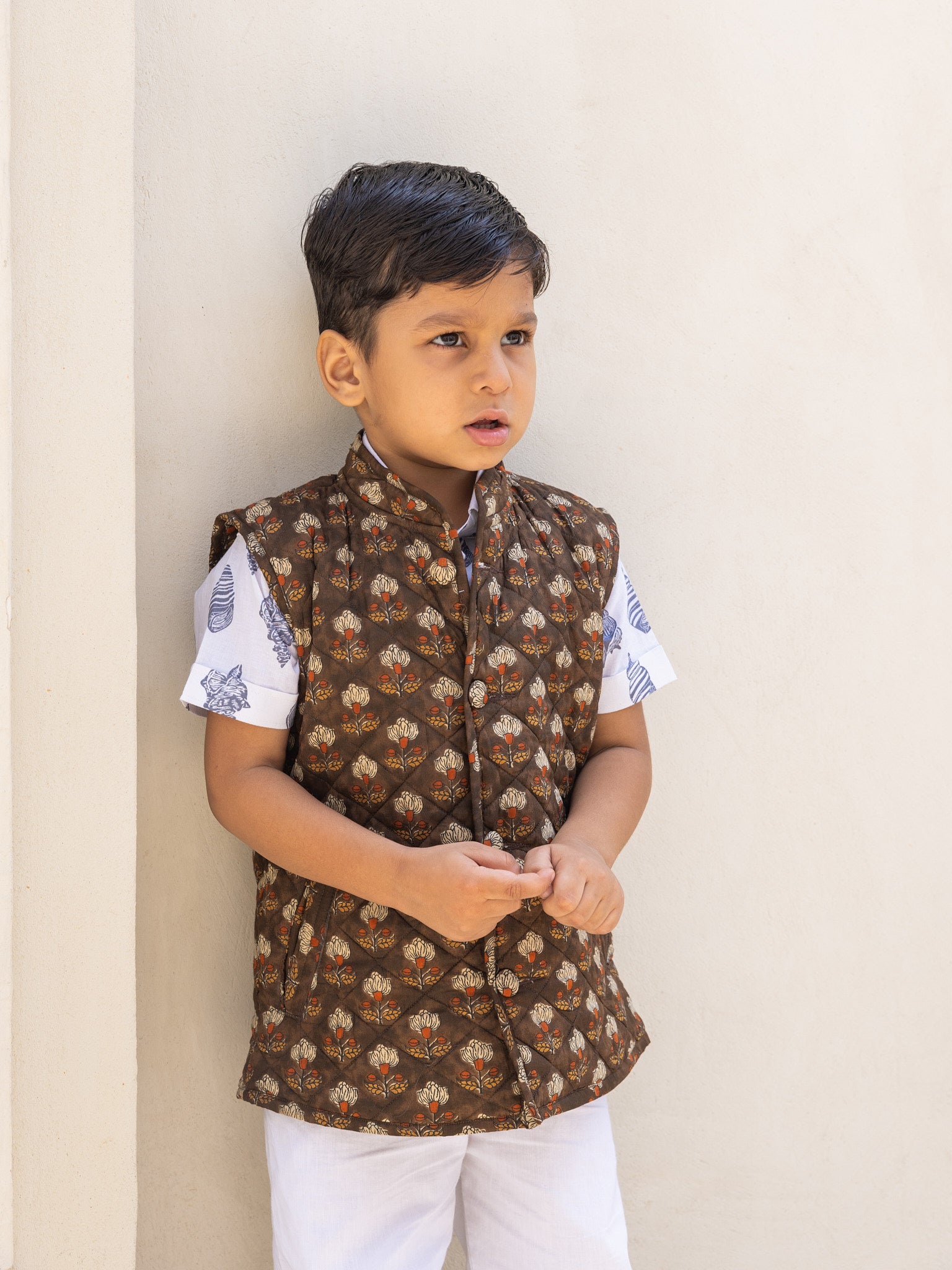 Cotton Kids Quilted Brown Floral Sleevless Jacket