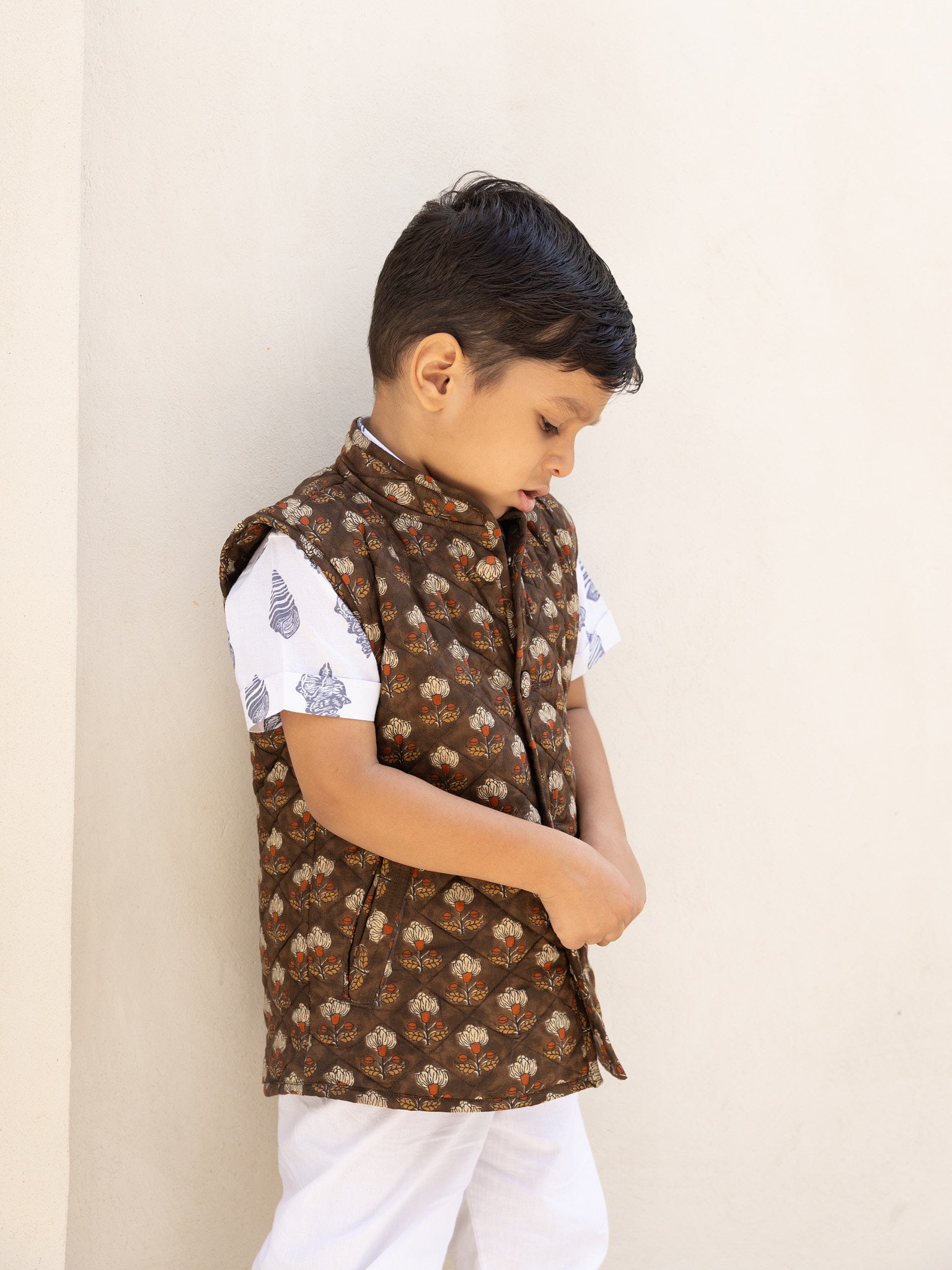 Cotton Kids Quilted Brown Floral Sleevless Jacket