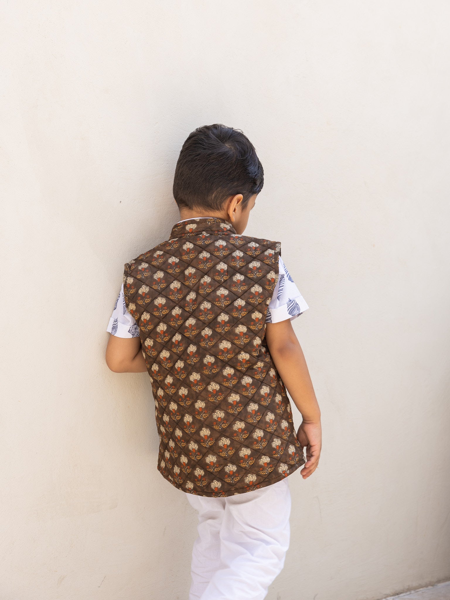 Cotton Kids Quilted Brown Floral Sleevless Jacket