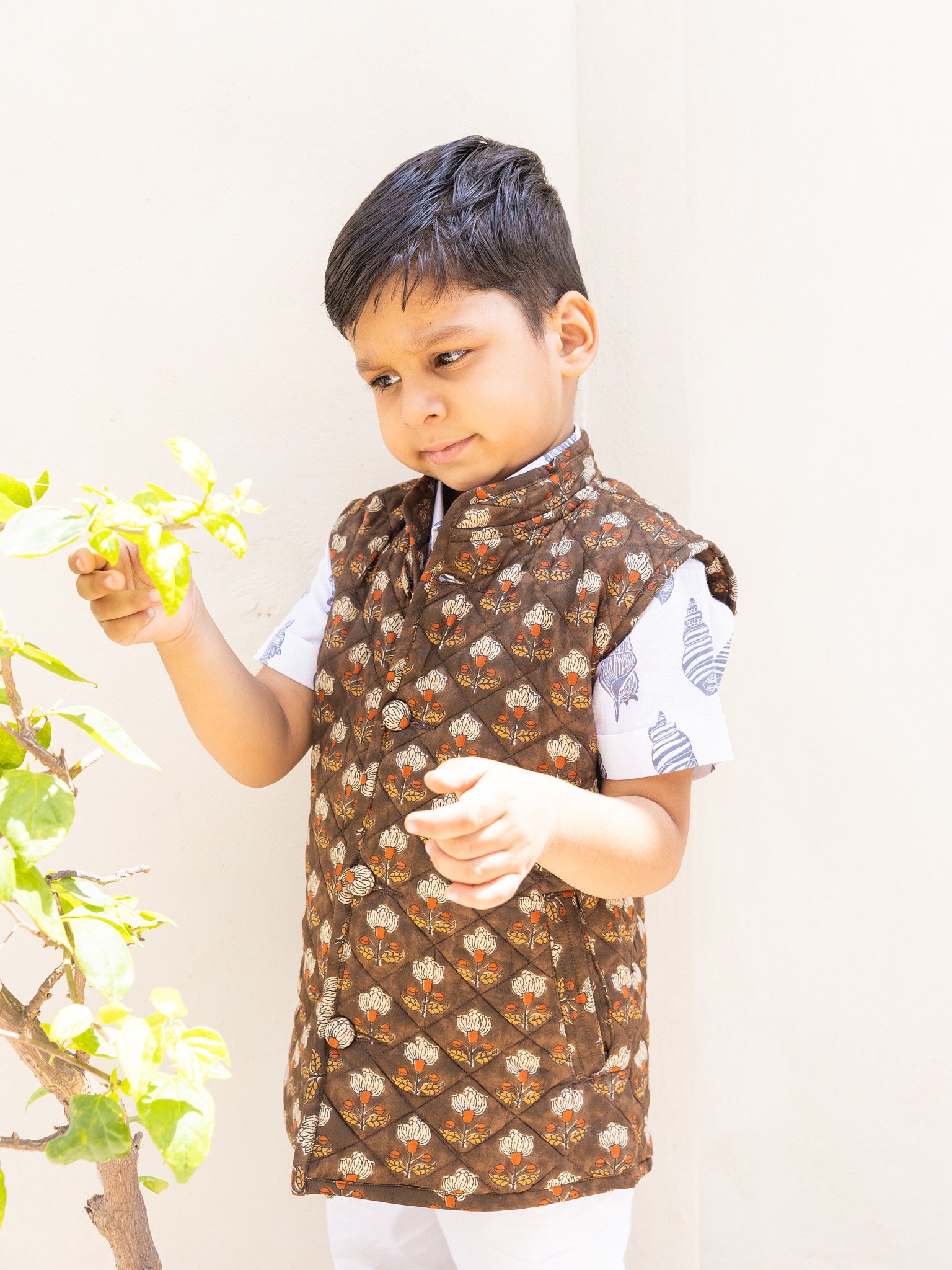 Cotton Kids Quilted Brown Floral Sleevless Jacket
