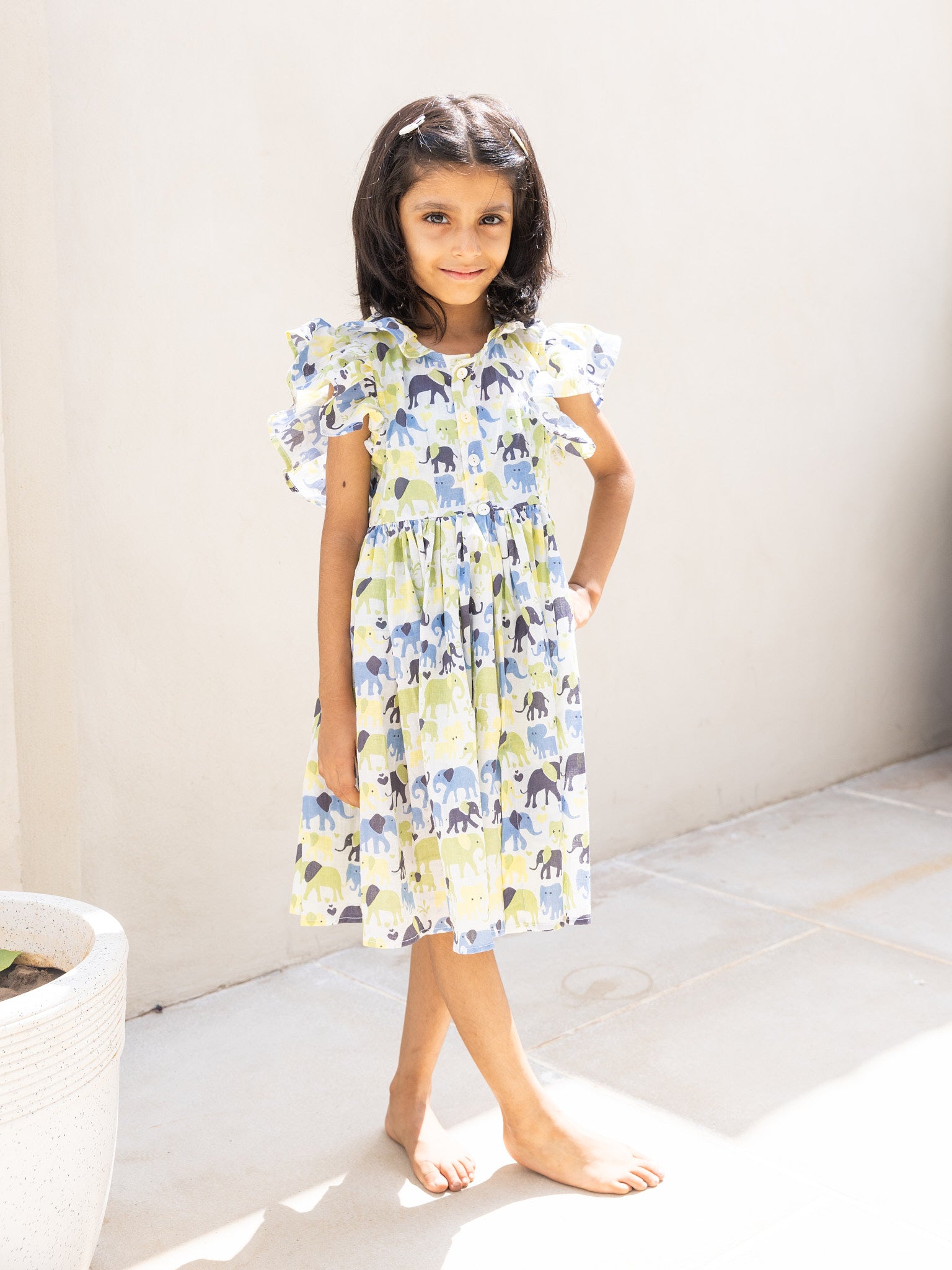 Cotton Yellow-Blue Elephant Girl's Ethnic Dress