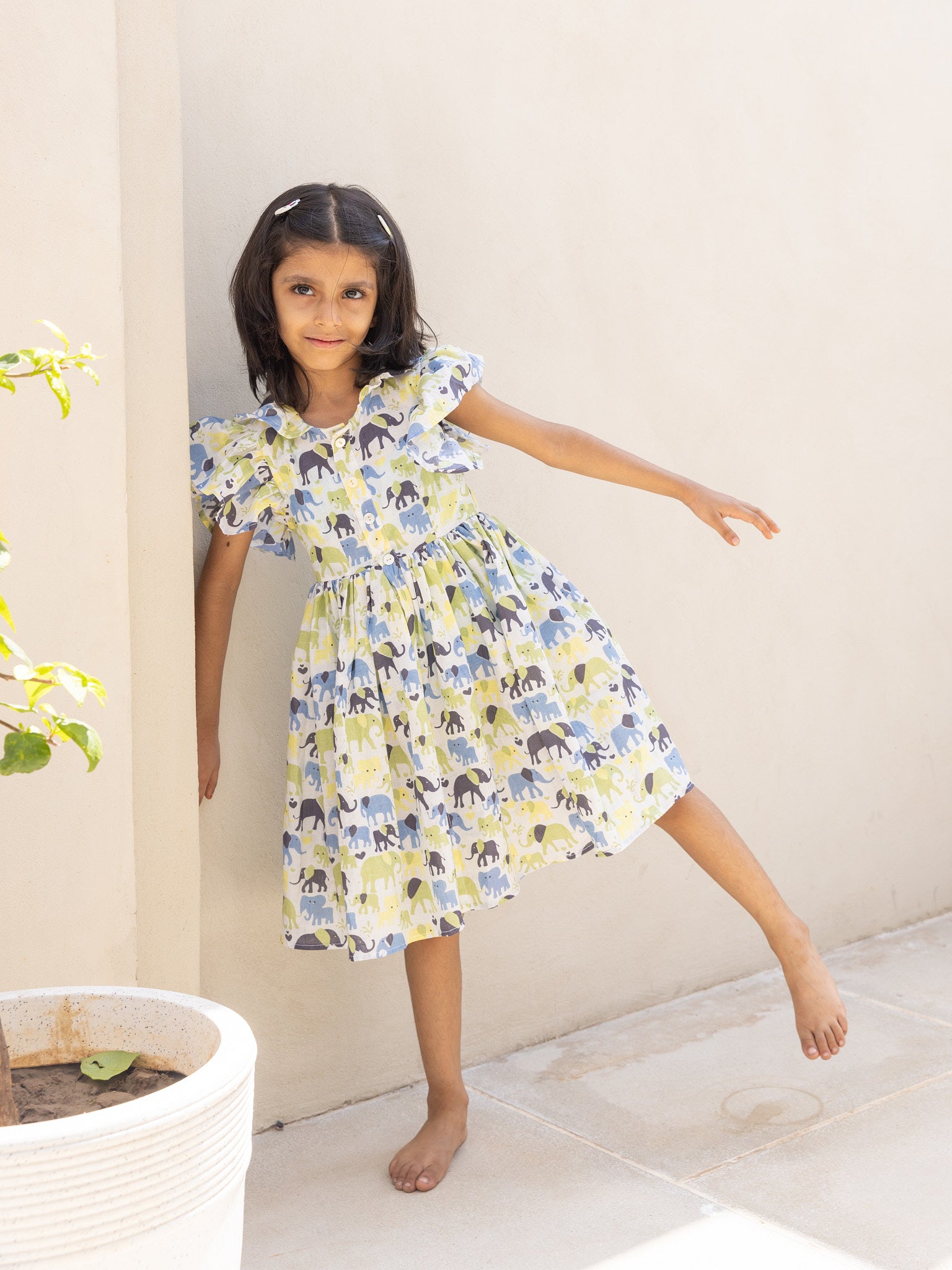 Cotton Yellow-Blue Elephant Girl's Ethnic Dress