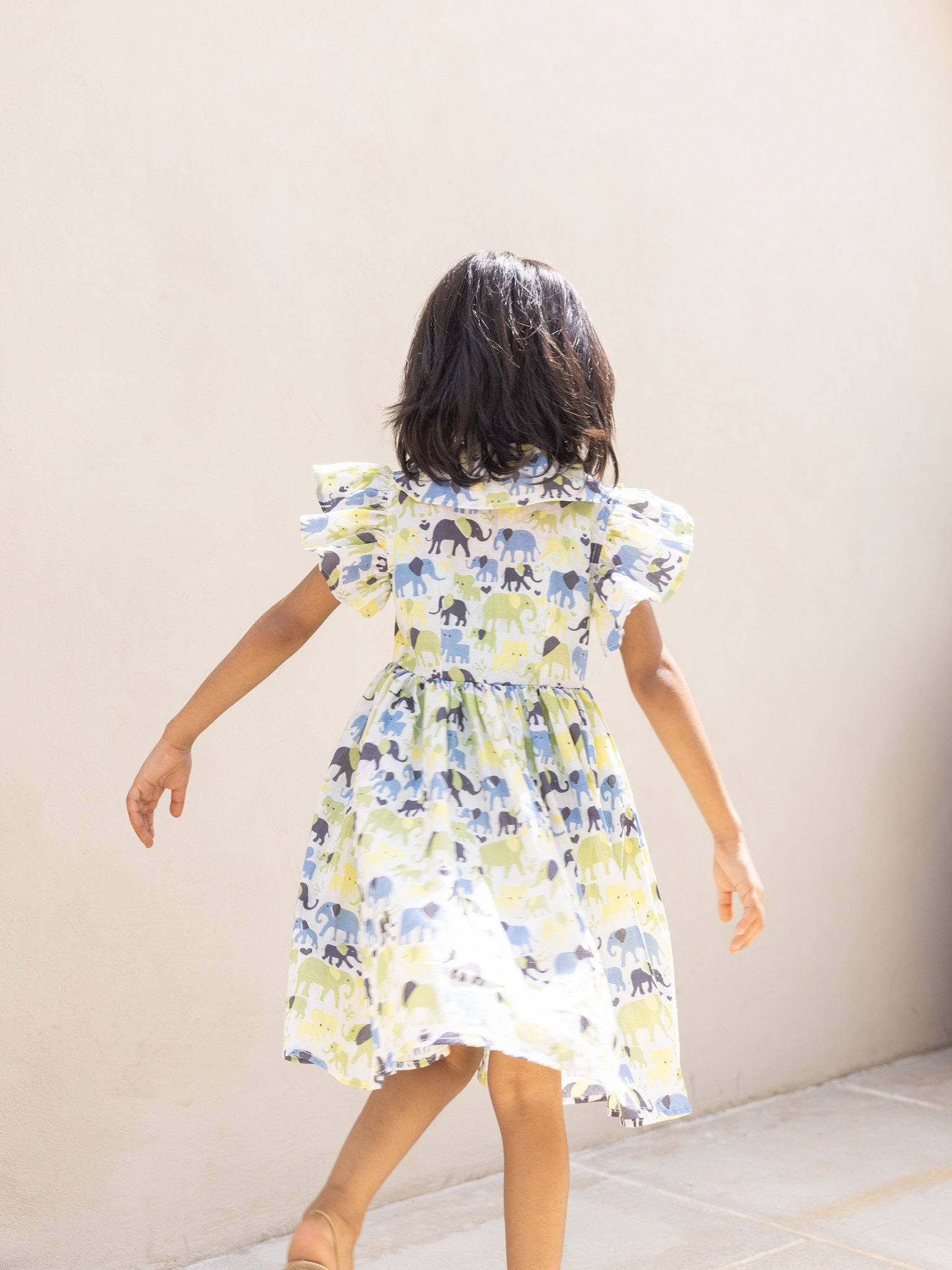 Cotton Yellow-Blue Elephant Girl's Ethnic Dress