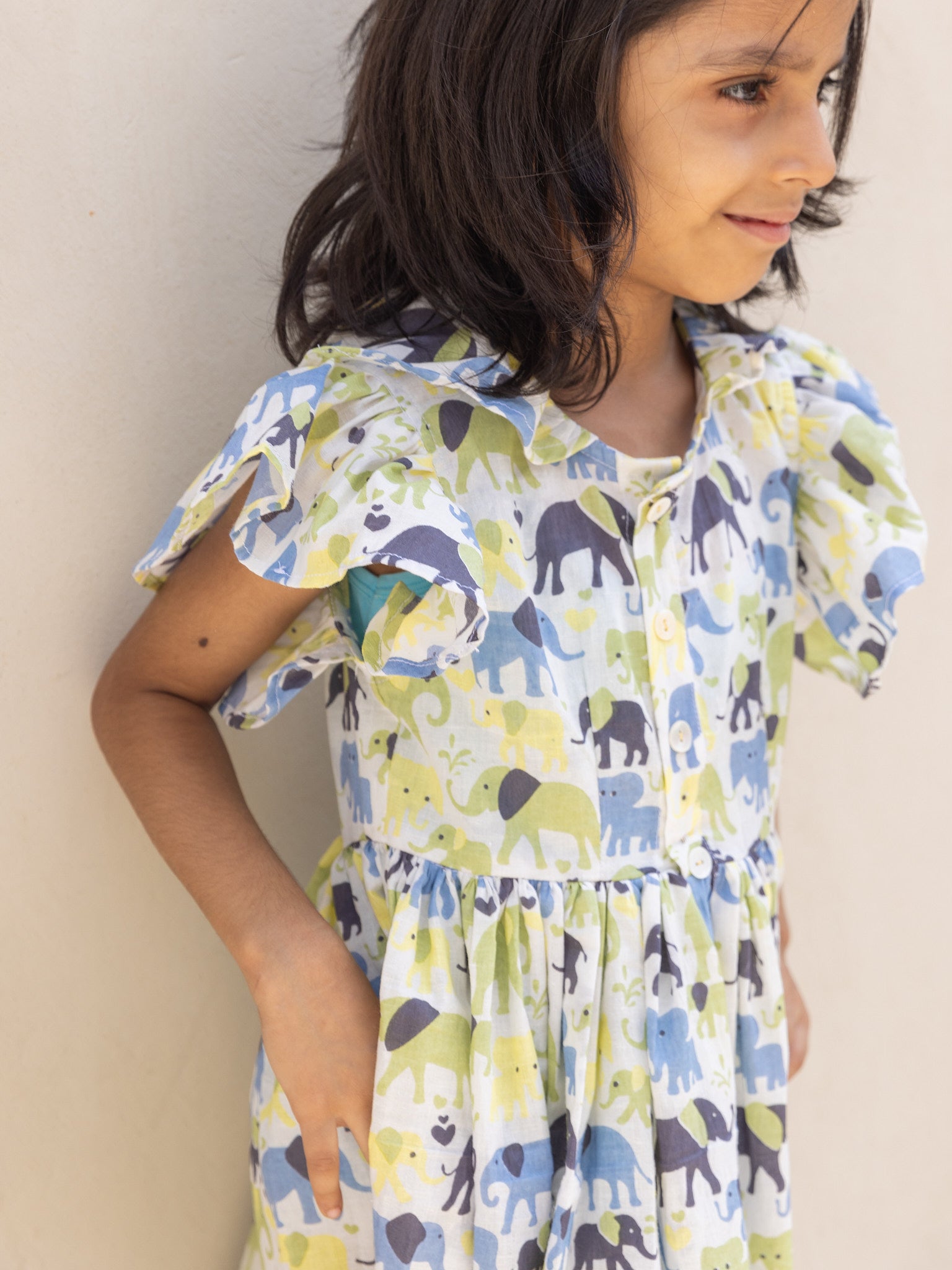 Cotton Yellow-Blue Elephant Girl's Ethnic Dress