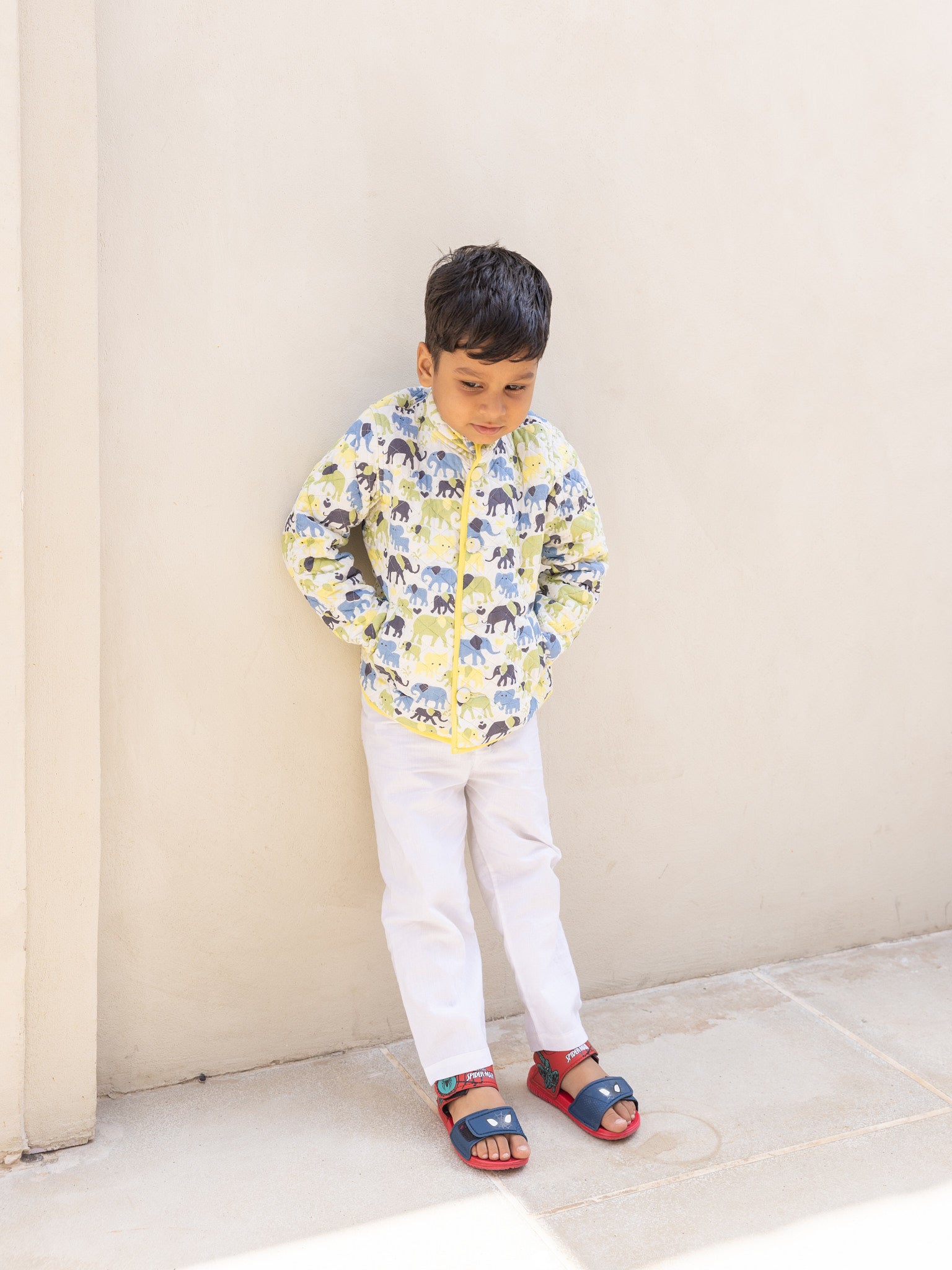 Cotton Kids Quilted Yellow-Blue Elephant Fullsleeves Jacket