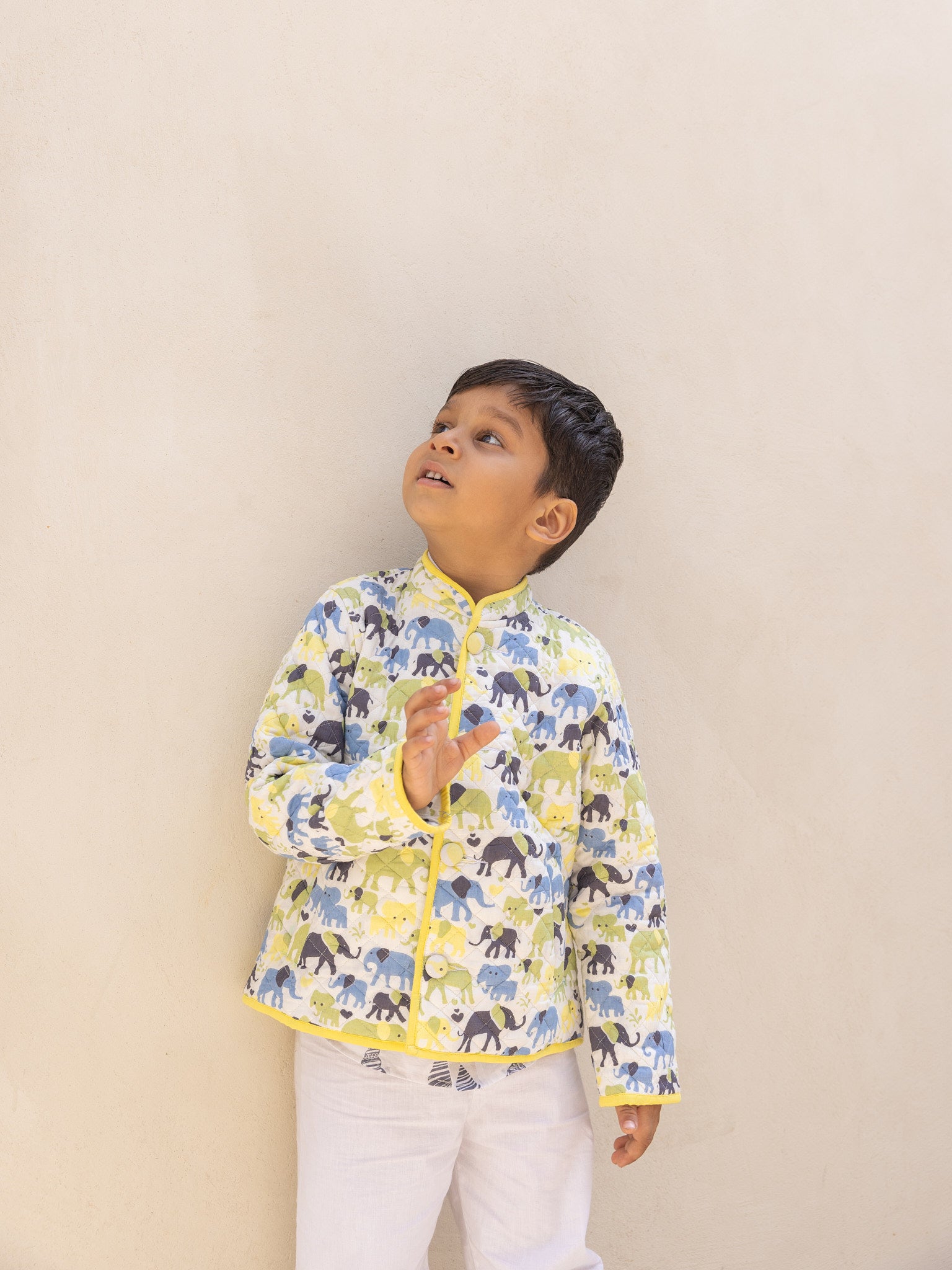 Cotton Kids Quilted Yellow-Blue Elephant Fullsleeves Jacket