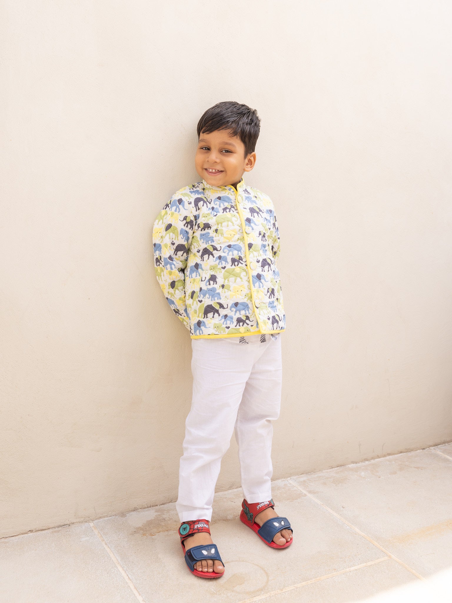 Cotton Kids Quilted Yellow-Blue Elephant Fullsleeves Jacket