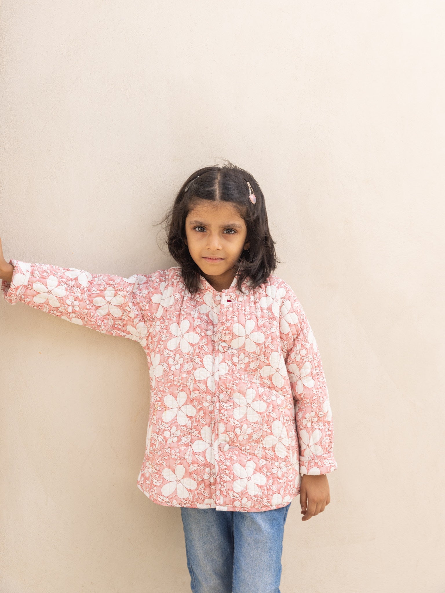 Cotton Kids Quilted Pink-White Fullsleeves Jacket