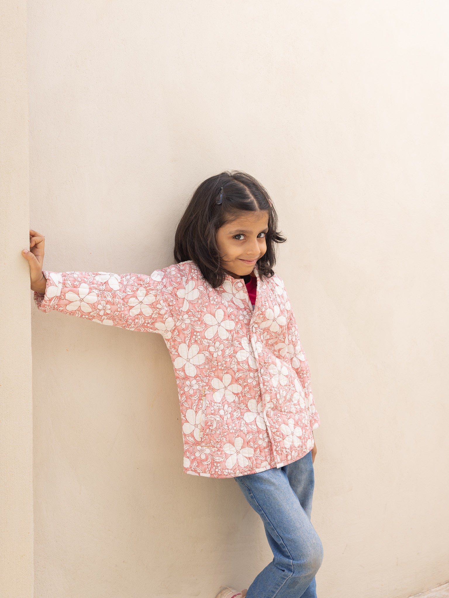 Cotton Kids Quilted Pink-White Fullsleeves Jacket