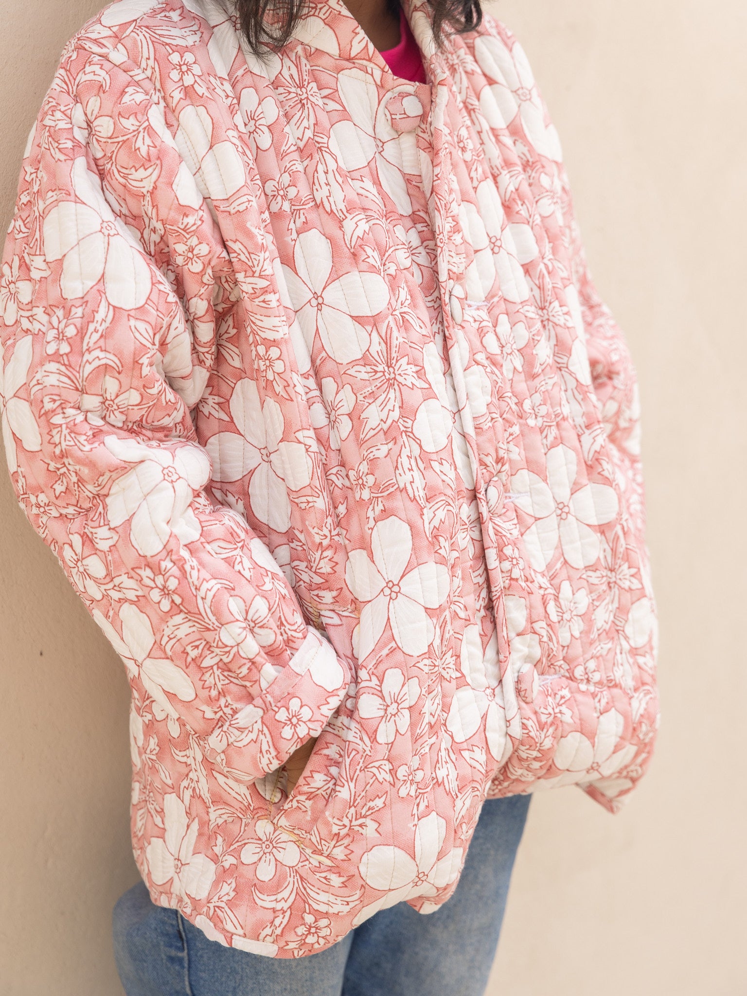 Cotton Kids Quilted Pink-White Fullsleeves Jacket