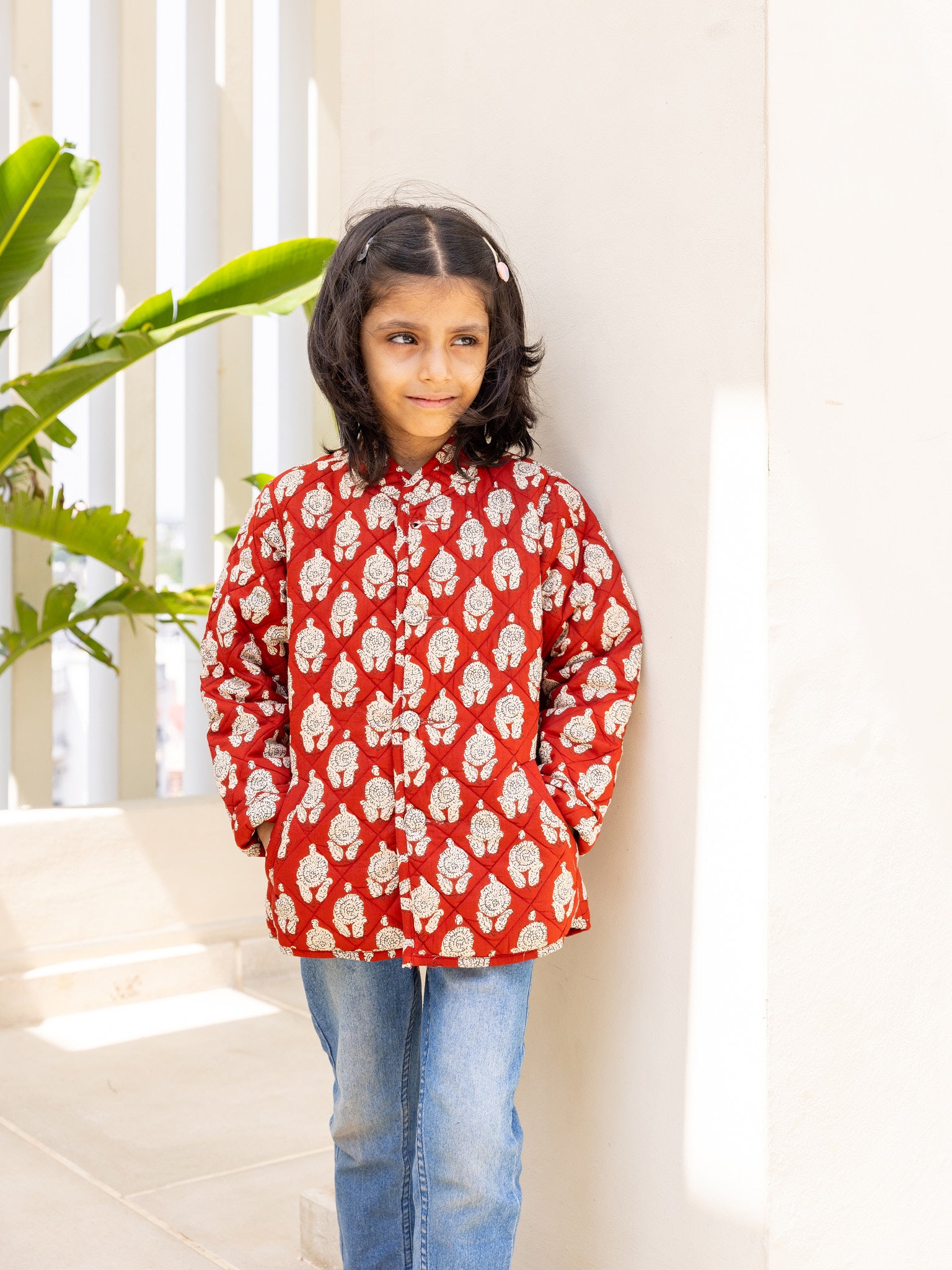 Cotton Kids Quilted Red-Cream Floral Fullsleeves Jacket