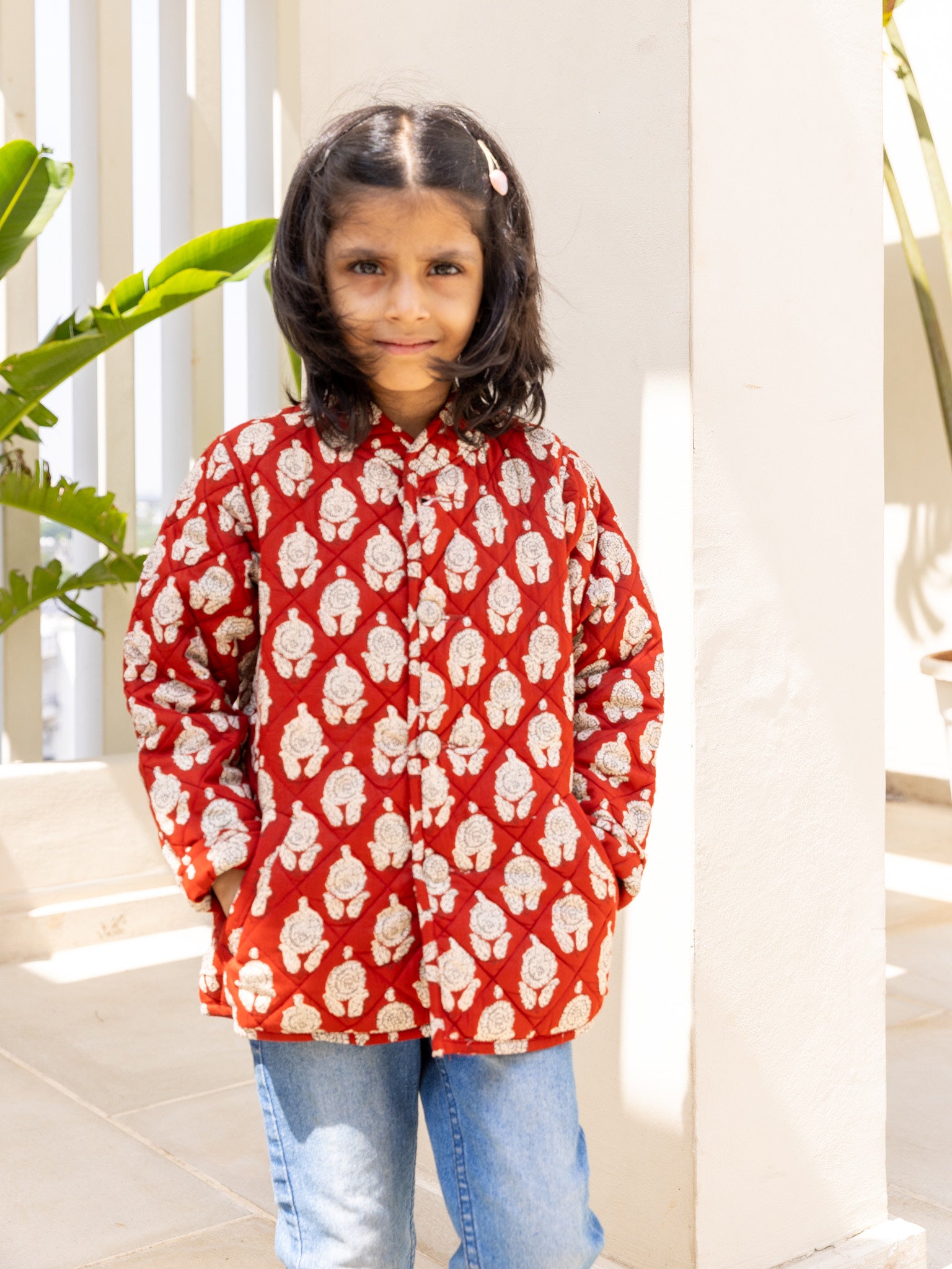 Cotton Kids Quilted Red-Cream Floral Fullsleeves Jacket