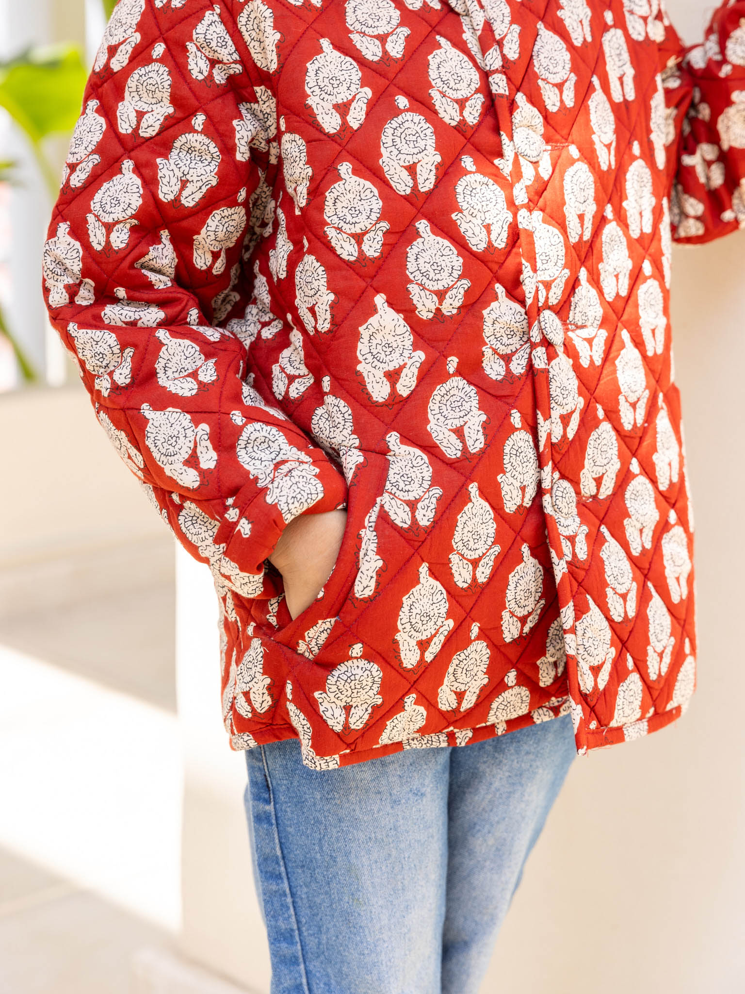 Cotton Kids Quilted Red-Cream Floral Fullsleeves Jacket