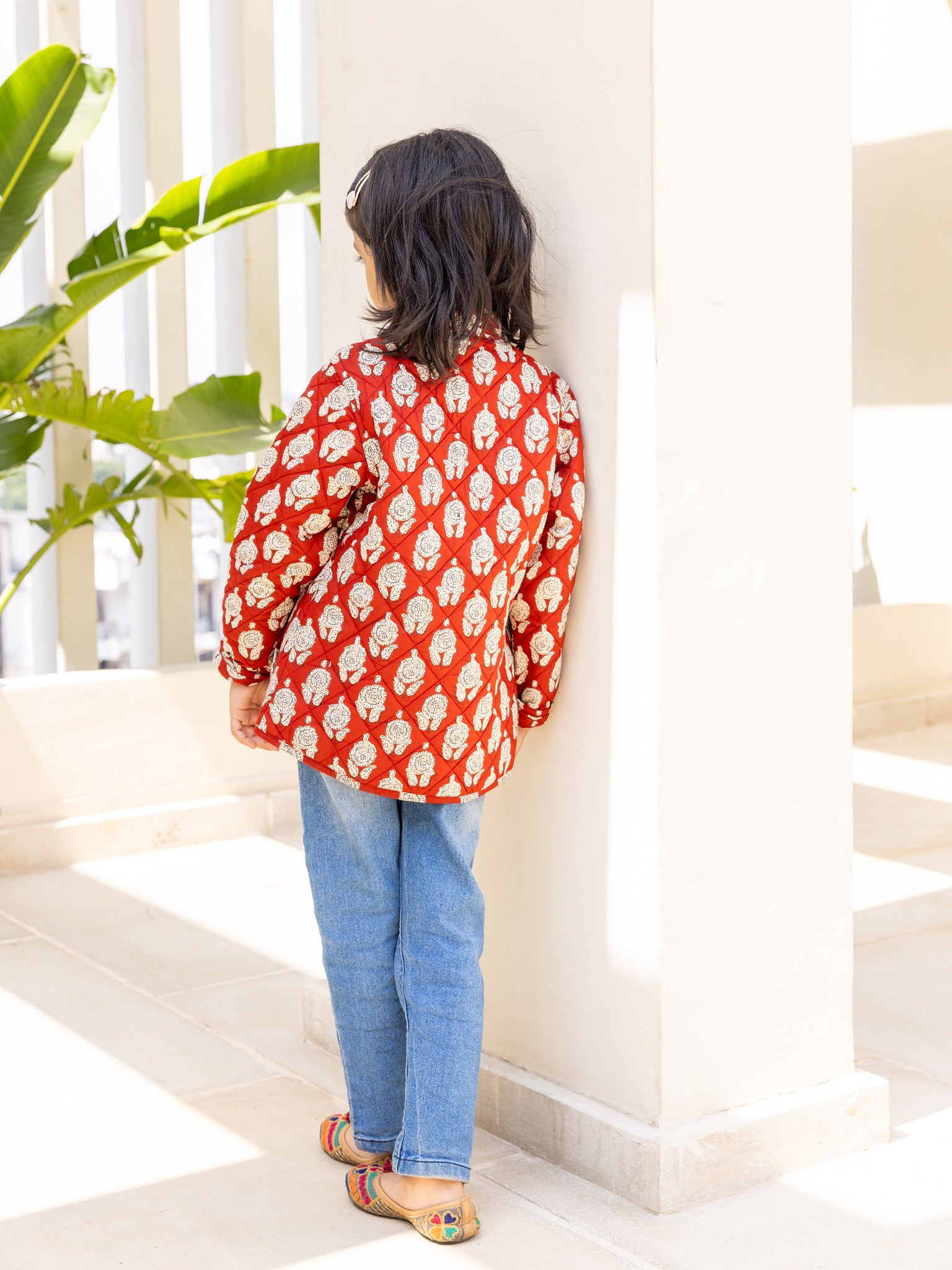 Cotton Kids Quilted Red-Cream Floral Fullsleeves Jacket